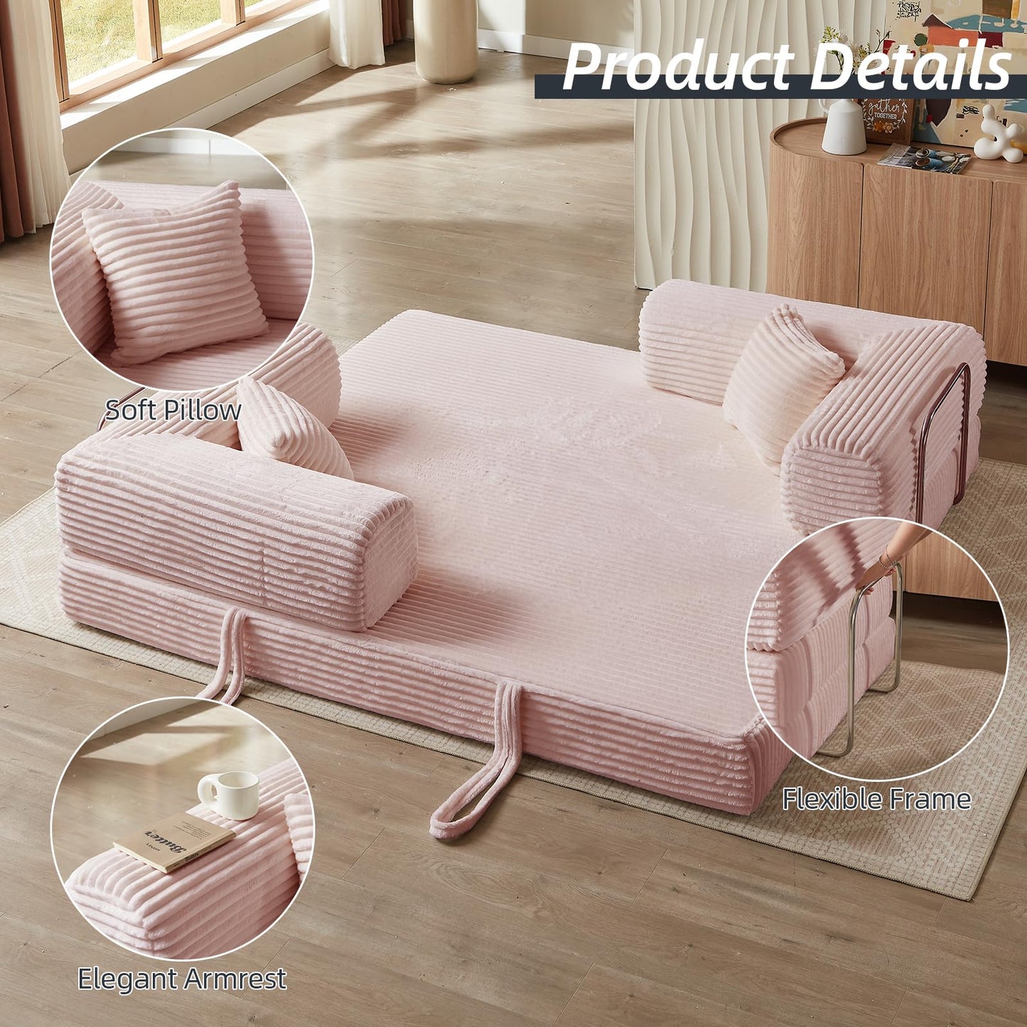 HUAYICUN 4-in-1 Convertible Folding Sleeper Sofa Bed, Plush Corduroy Foldable Mattress Couch with Fixed-Shape Frame, Floor Compressed Sofa for Living Room, Bedroom (Pink)