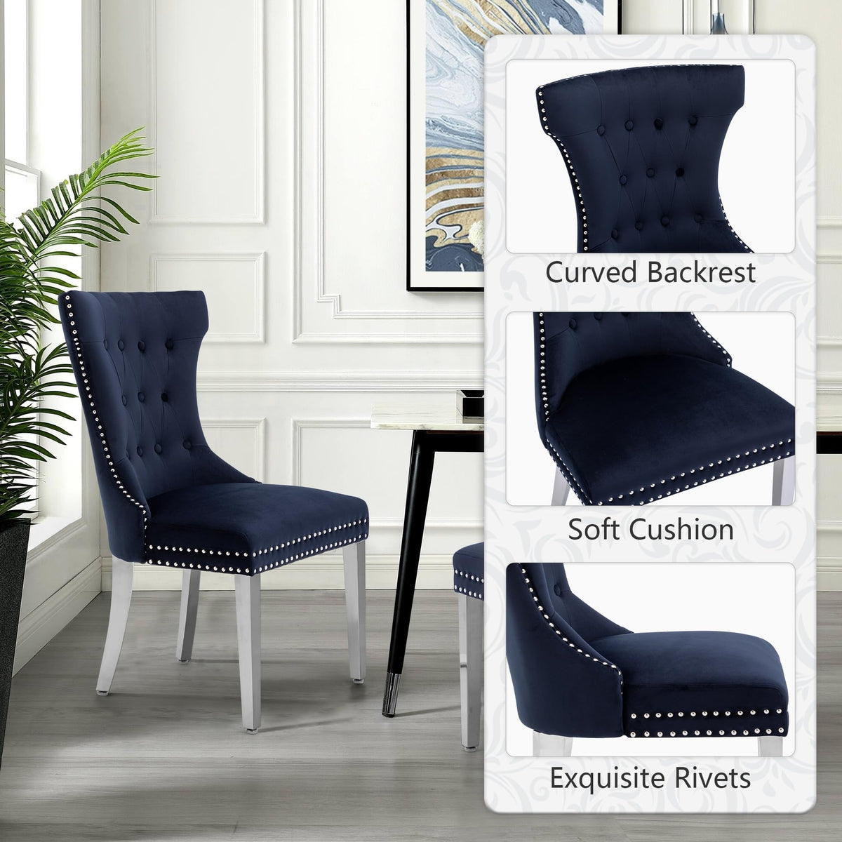 Creek Vista Velvet Dining Chairs Set of 2, Upholstered Dining Room Chair with Stainless Legs, Tufted Kitchen Chair with Button Back and Pull Ring, Dark Blue