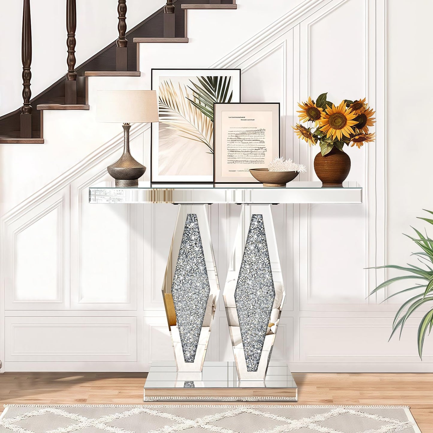 GA Home Modern Mirrored Entryway Console Tables with Crushed Diamond Inlay, 39.37" Long Silver Hallway Table for Entryway, Glam Glass Foyer Table for Home Decor