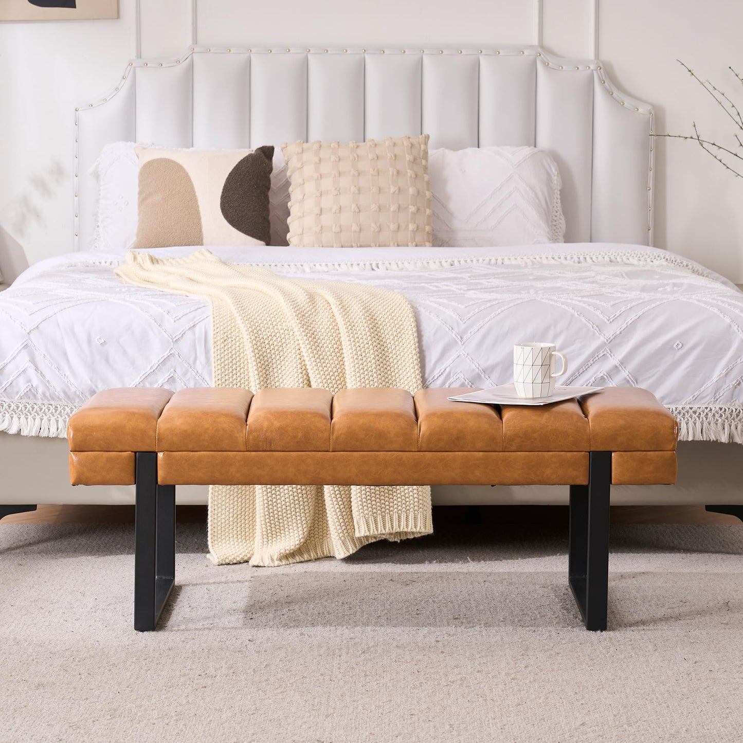 AIITTCC Faux Leather Ottoman Bench, Tufted Padded End of Bed Bench with Metal Legs, Upholstered Dining Table Bench Shoe Bench for Bedroom Living Room Entryway Window (Camel Brown, 46" Wide)