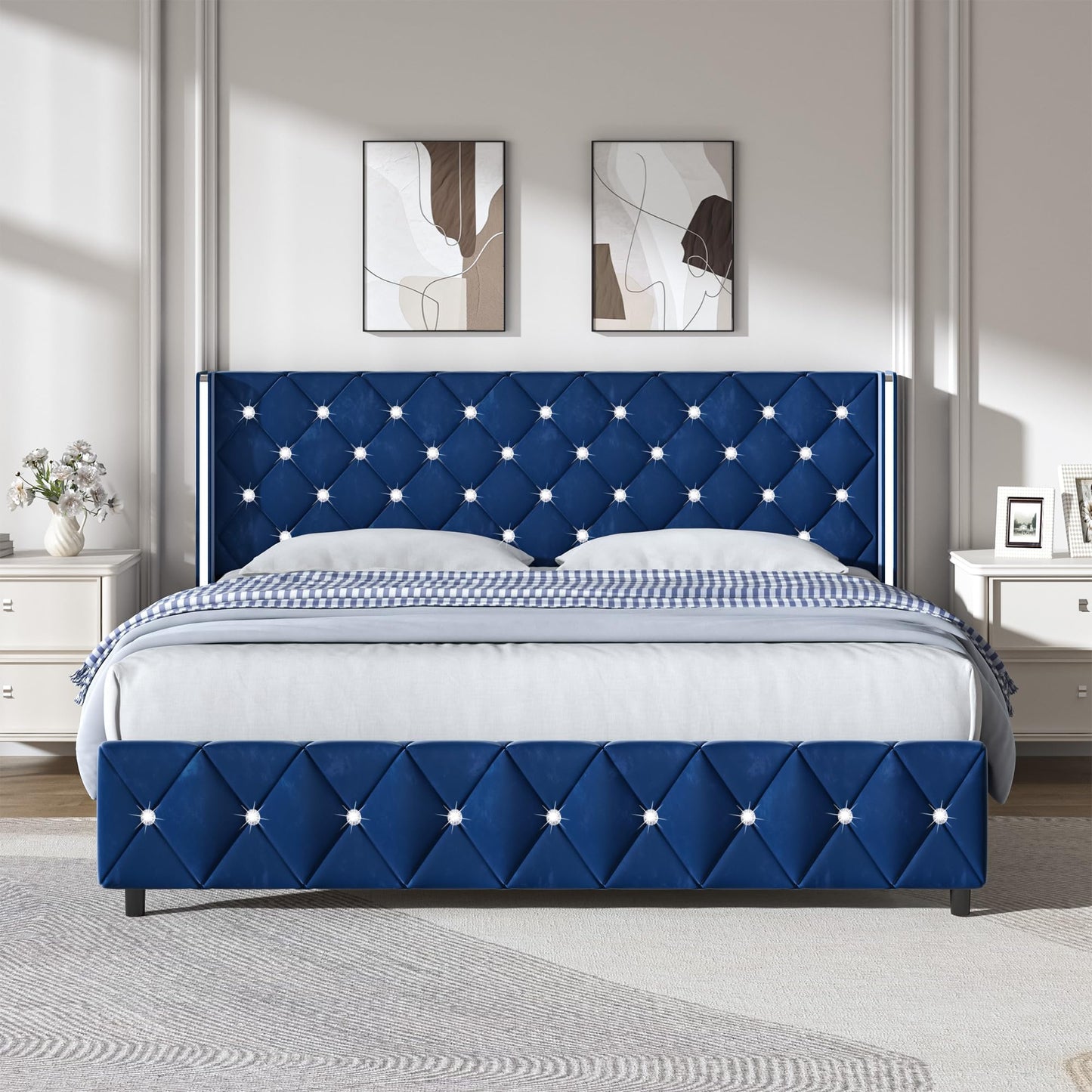 HOMBCK King Bed Frame with Headboard, Velvet Upholstered Bed with Diamond Tufted Design Design, Modern King Size Bed with Wingback, No Box Spring Needed, Easy Assembly, Blue
