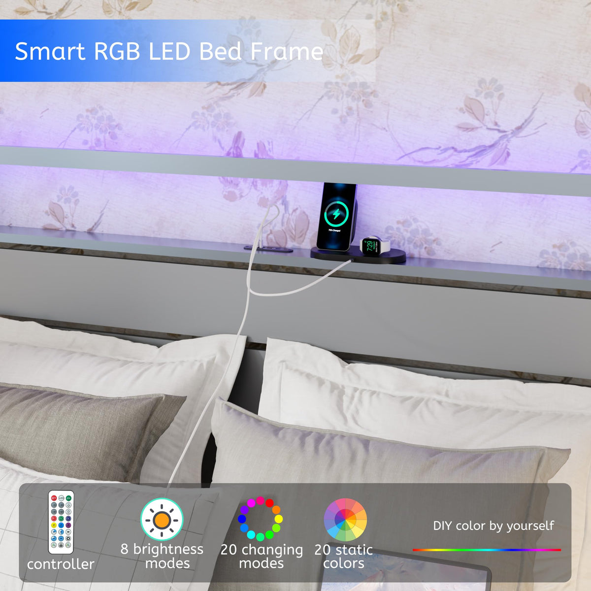 VFJ Large Bed Frame with headboard, Metal Platform Bed Frame with Charging Dock, Heavy-Duty Platform Bed Frame with LED Lights, Easy to Assemble, Silver
