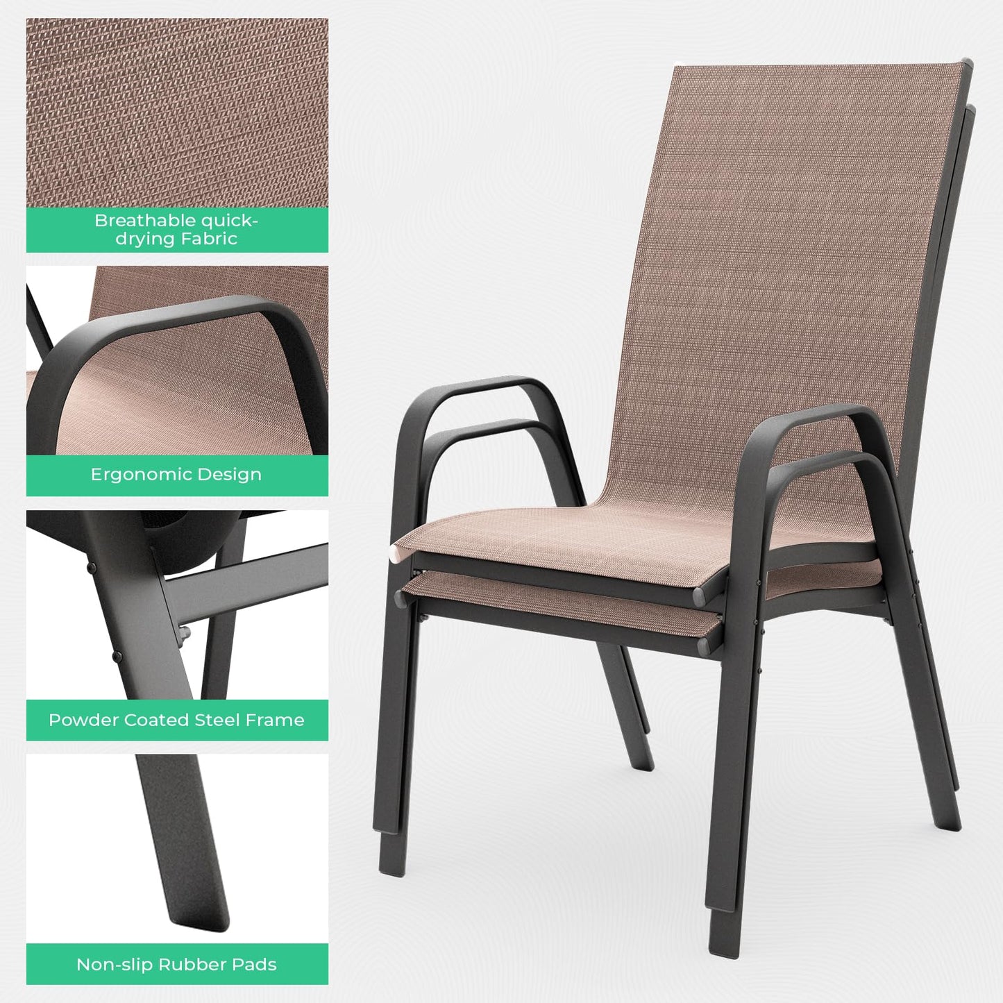 JEAREY Patio Dining Chairs Set of 4, Outdoor Stackable Dining Furniture Set, All Weather Dining Set for Lawn, Garden, Backyard, Poolside, Brown
