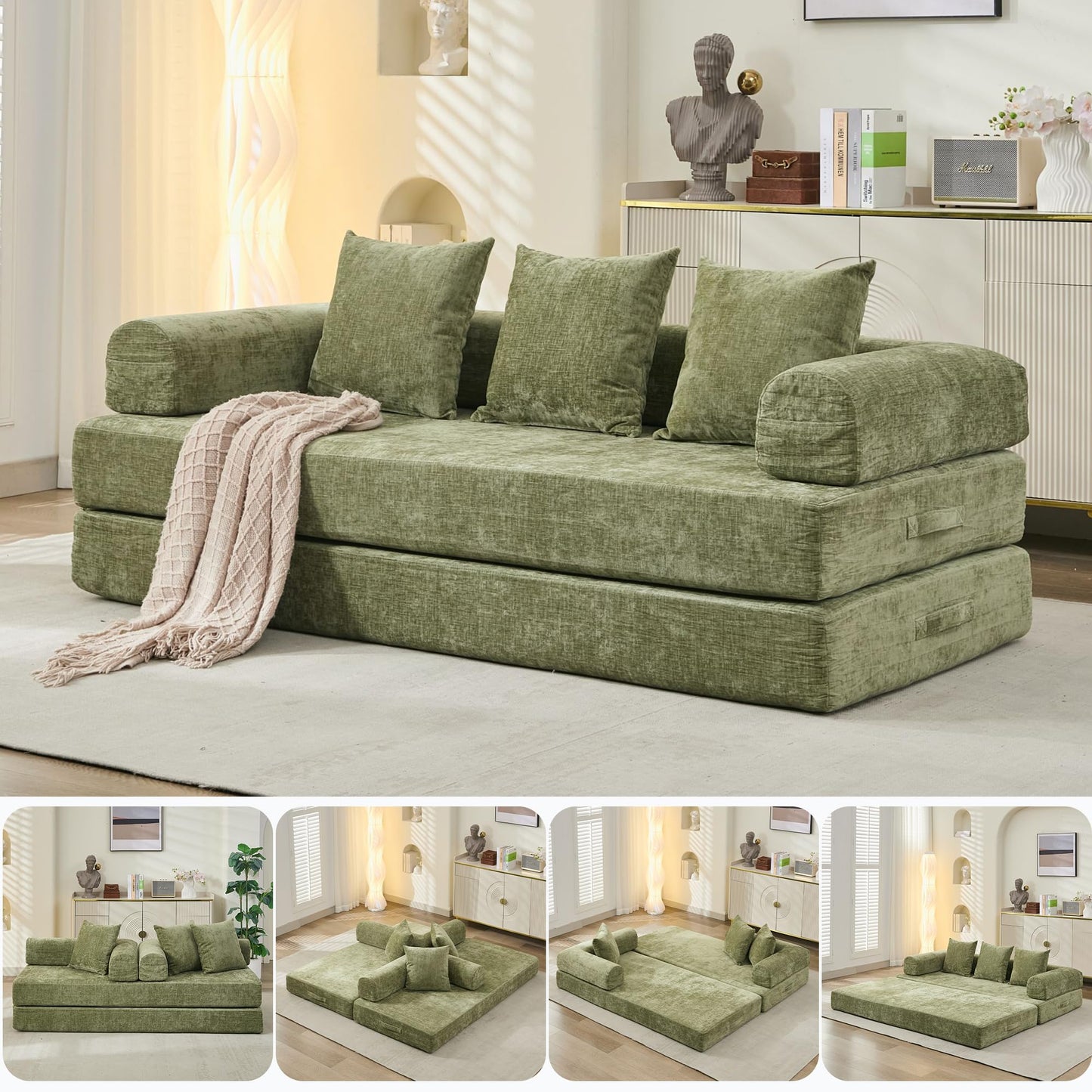 TISIMO Convertible Folding Sofa Bed Modular Floor Couch, 78.8‘’ Cloud Sleeper Sofa with Removable Backrest, Chenille Foldable Mattress Couch, Lazy Loveseat for Small Space, Apartment, Bedroom, Green