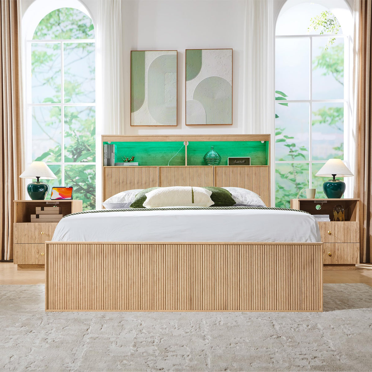 Fluted Queen Size Bed Frame with 50" Tall Storage Headboard with 4 Drawers,Wooden Platform Bed Frame with LED Lights/Storage Headboard Charging Station Easy Assembly/No Box Spring Needed/Natural