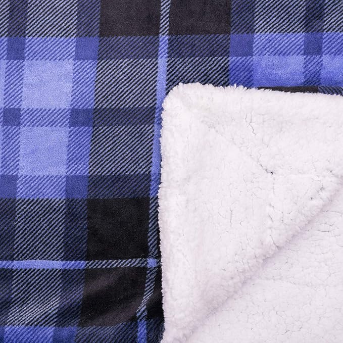 SOCHOW Sherpa Plaid Fleece Throw Blanket, Double-Sided Super Soft Luxurious Bedding Blanket 90 x 90 inches, Blue