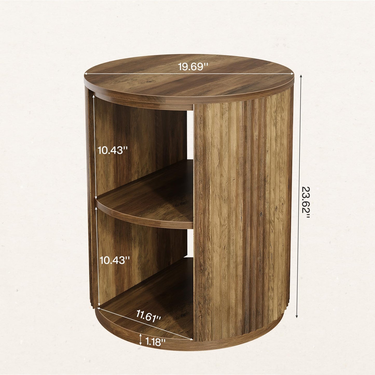 Tribesigns Round Fluted End Table, Farmhouse Round Side Table with 3-Tier Storage Shelf, Circle Bedside Nightstand for Living Room, Bedroom, Small Spaces, Rustic Brown