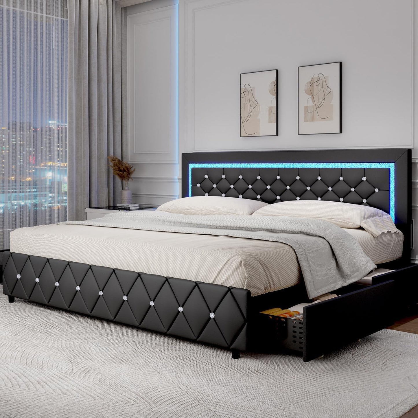 King Size Bed Frame with LED Lights and Storage Drawers, Upholstered Platform Bed with Crystal Tufted Headboard, Wooden Slats Support, No Box Spring Needed, Easy Assembly, Black