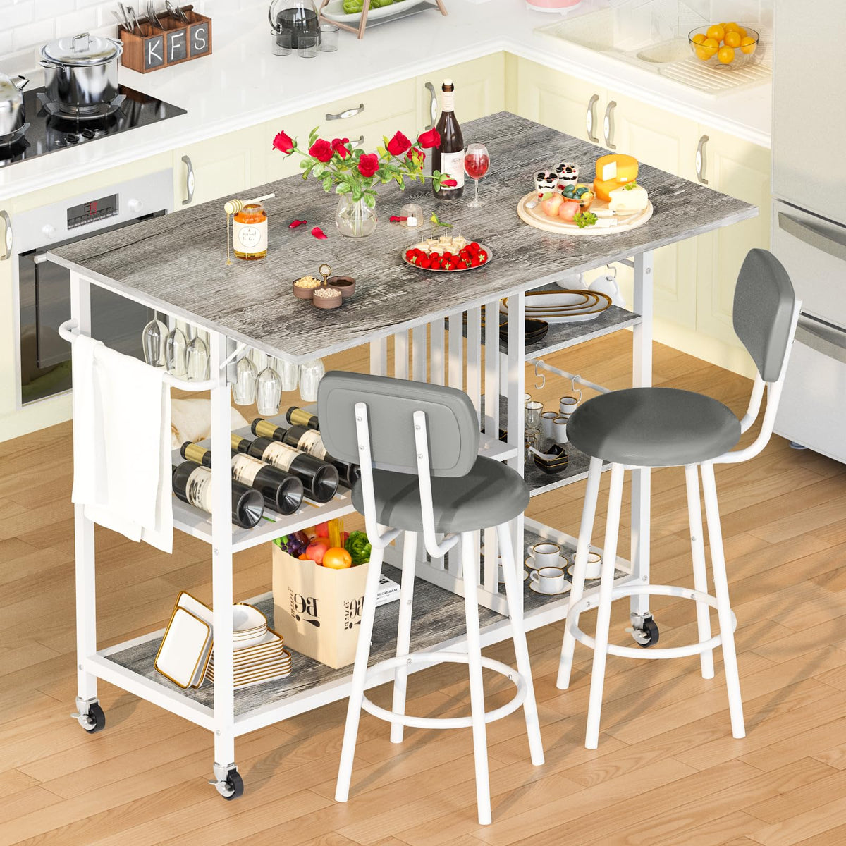 Recaceik Small Kitchen Island Table for 2 with Storage & Seating, Drop Leaf Dining Table Set for Small Space (Grey)