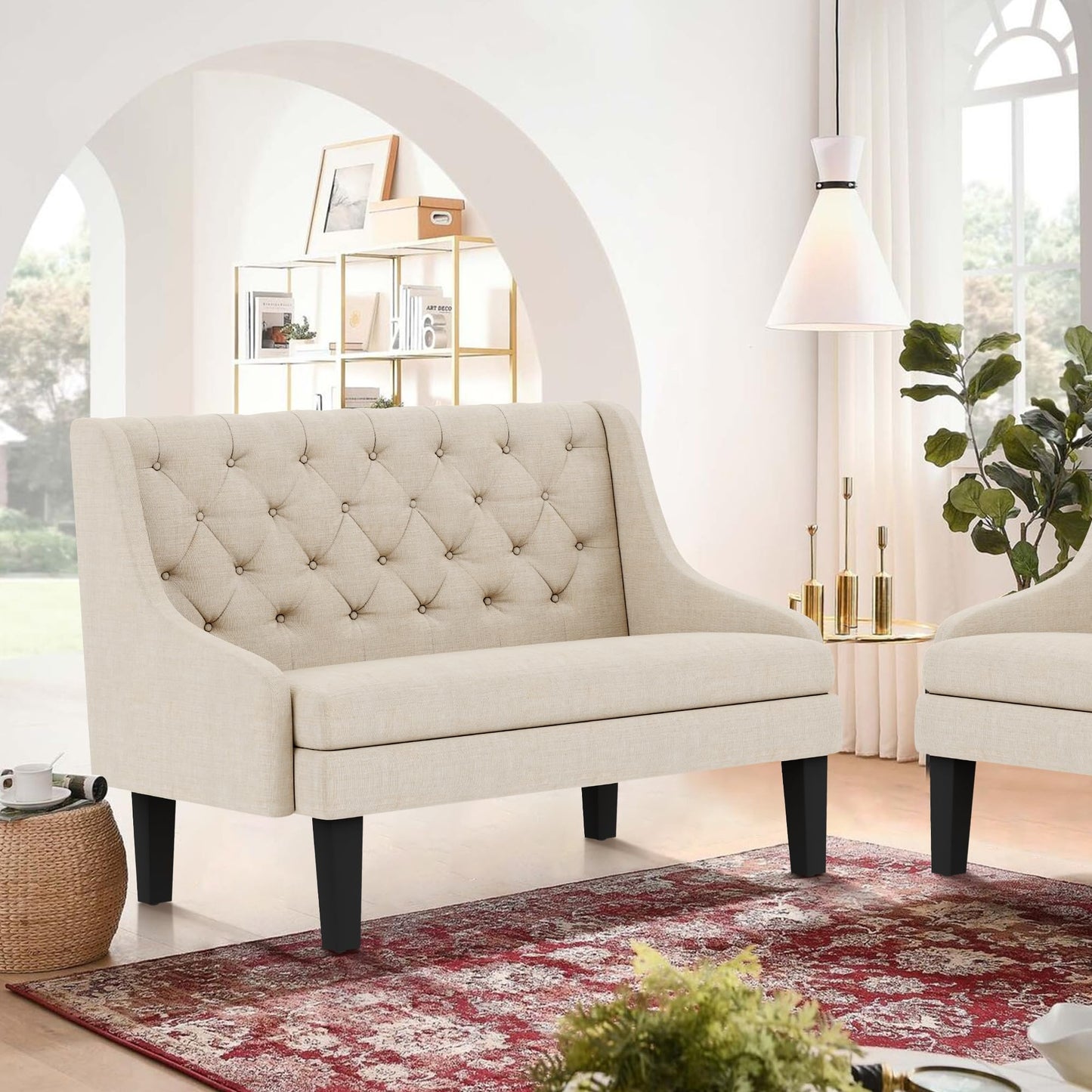 Yongqiang Settee Bench with Back Mini Couch for Dining Room Living Room Entryway Modern Upholstered Banquette Button Tufted Loveseat Sofa with Wood Legs Cream