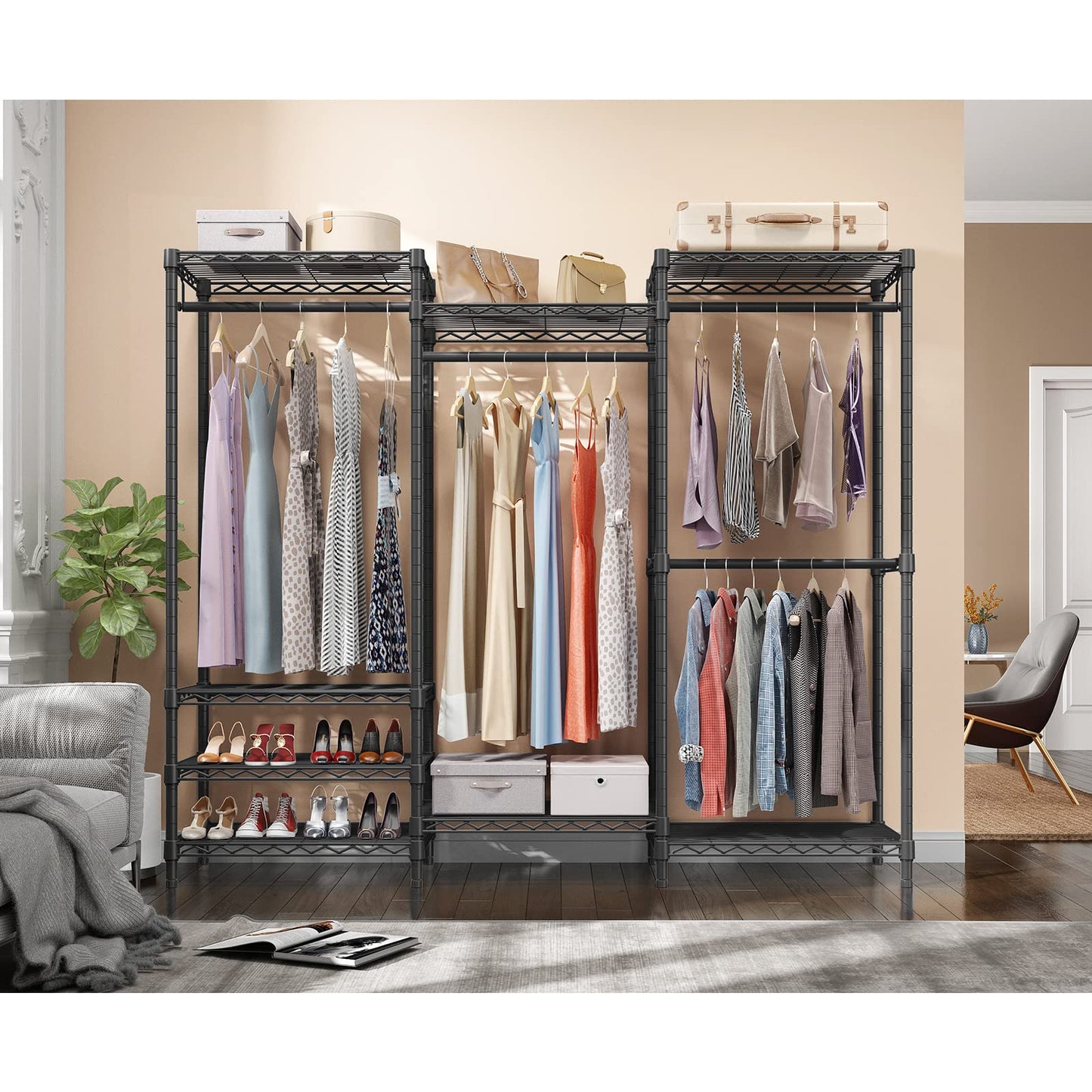 VIPEK V5 Portable Closet Wardrobe Heavy Duty Clothes Rack, Freestanding Clothing Rack with 4 Hang Rods & 8 Shelves, Adjustable Closet Racks, 68.9" L x 15.7" W x 76.4" H, Max Load 890LBS, Black