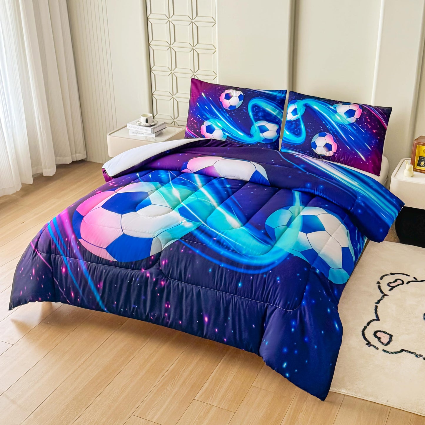 Peopleareok Soccer Comforter Set Twin (68x86 Inch), Purple Blue Soccer Theme Comforter, Sports Football Bedding, 2 Pieces Soft Microfiber Football Bedding Set for Boys Kids with 1 Pillowcases