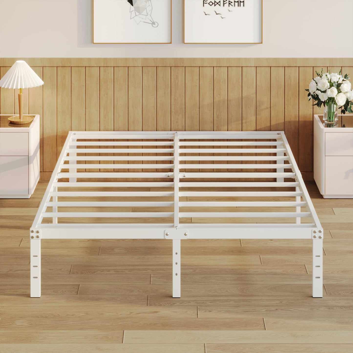 YUSENHEEI 14 Inch Full Size Bed Frame No Box Spring Needed, Heavy Duty Metal Bed Frame Full with Large Underbed Storage Space, Noise Free, Easy Assembly, White