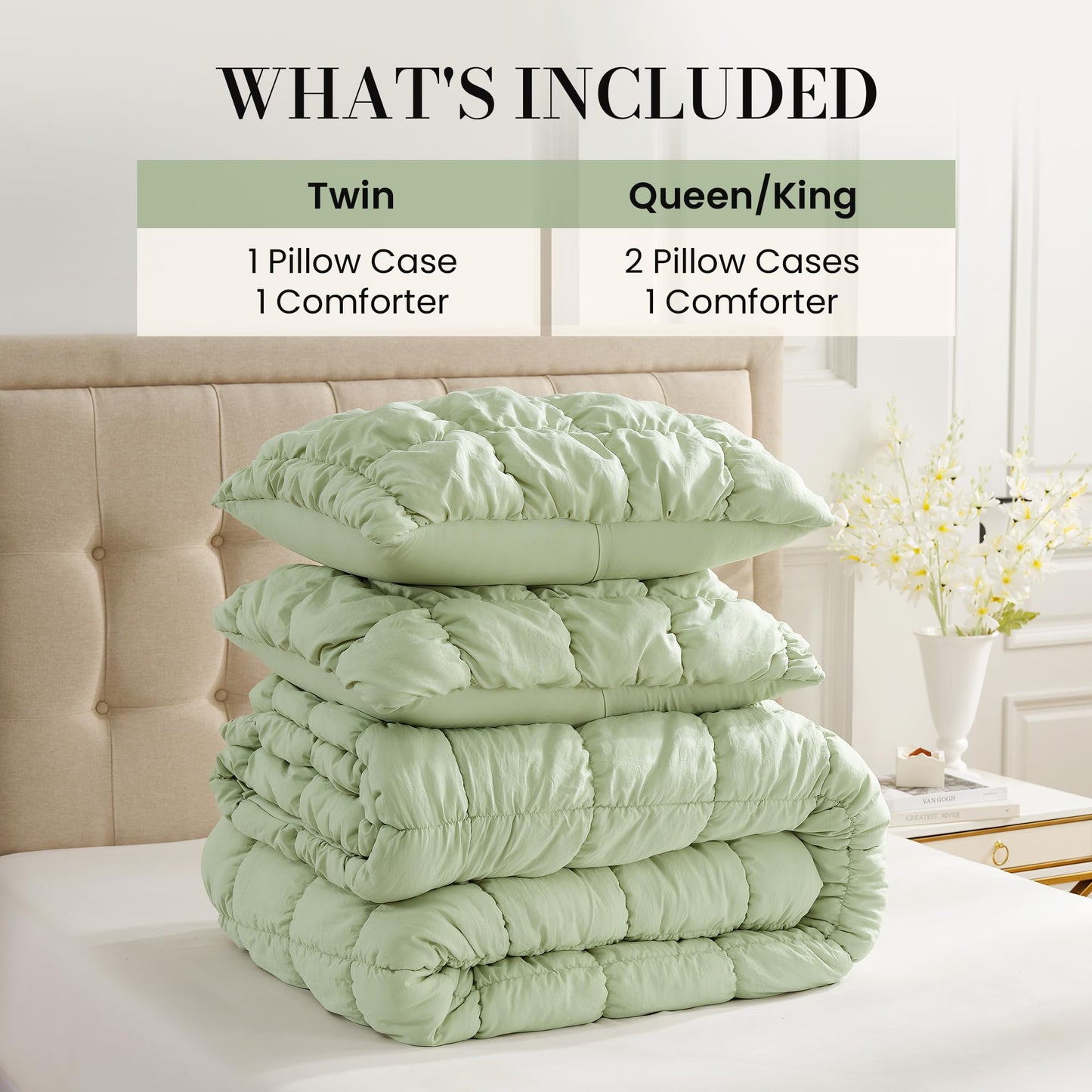 Amélie Home Sage Green Comforter Set Queen, Bubble Lightweight Bed Set Queen Size for All Seasons, 3 Pieces, Bedding Set with Comforters and Pillow Cases