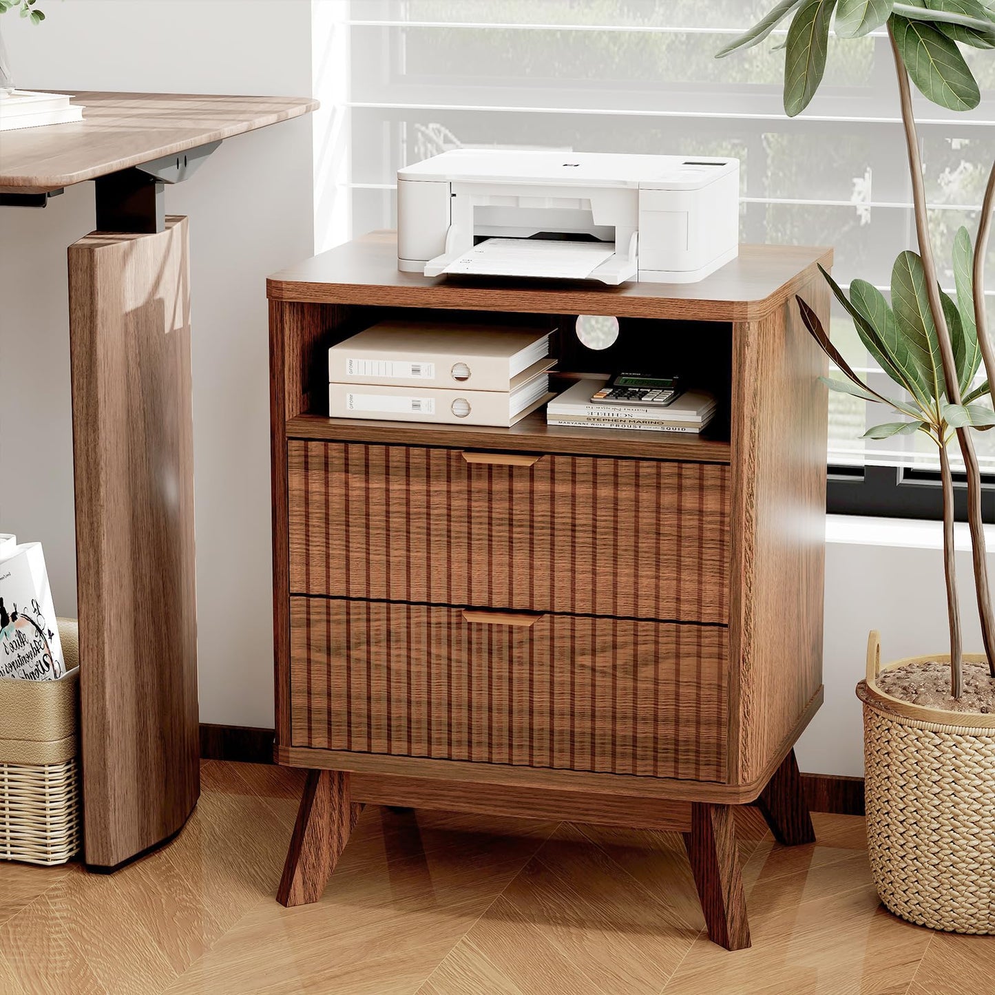 Fluted Nightstand Set of 2, Wood Night Stands with USB Ports and Outlets, 2 Drawers and Open Shelf Bedside Tables, End Table with Solid Wood Feet for Living Room Bedroom Office,Walnut Wood Color