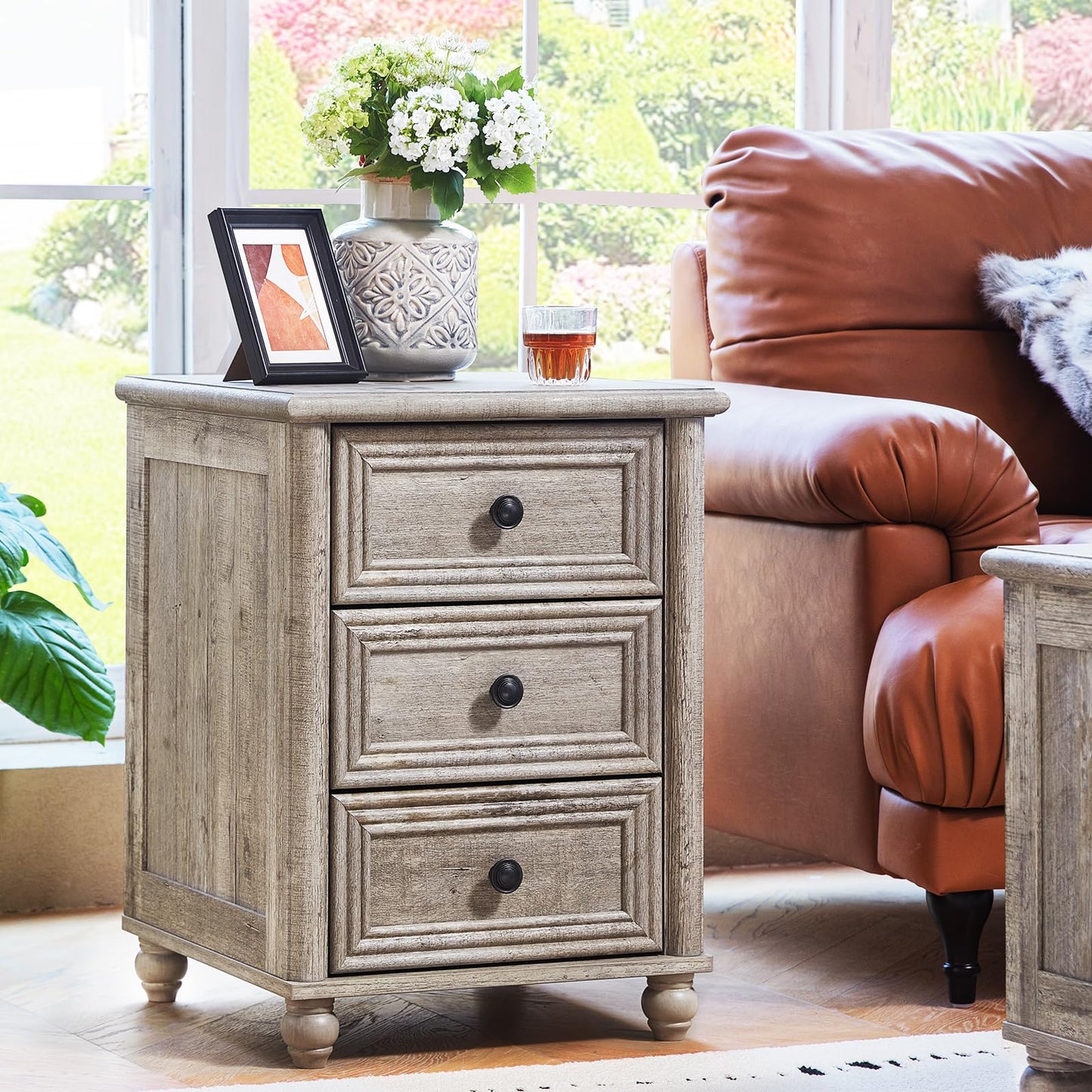 RWYHG 18" Farmhouse Night Stand Set of 2, Gray Wood Nightstand with 3 Drawers, Bedside End Table with Storage and Roman Column, Bed Side Tables Cabinet for Bedroom, Living Room, and Closet