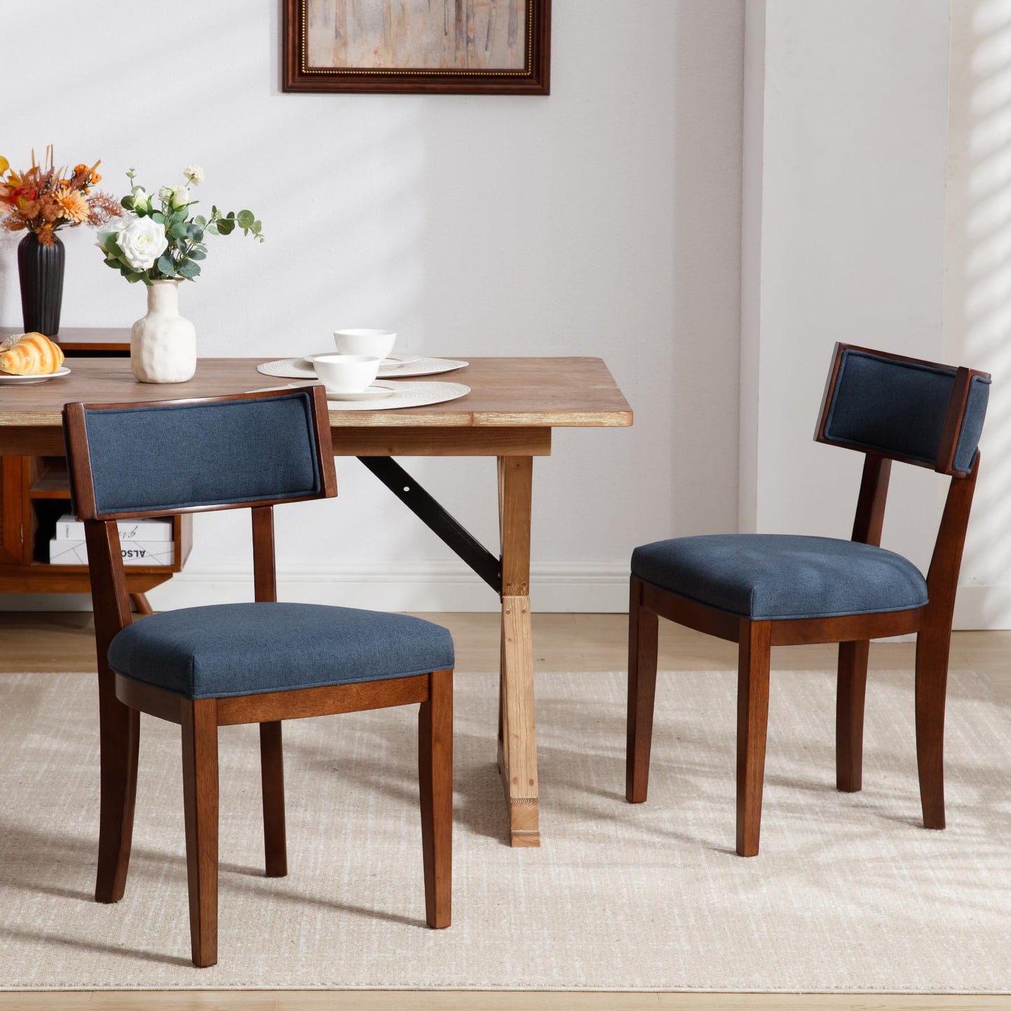 LZAREAL Mid Century Modern Dining Chairs Set of 2 Farmhouse Dining Room Chairs with Curved Backrest Dining Chair with Walnut-Colored Wood Legs for Kitchen Dining Room Home, Linen Fabric, Blue