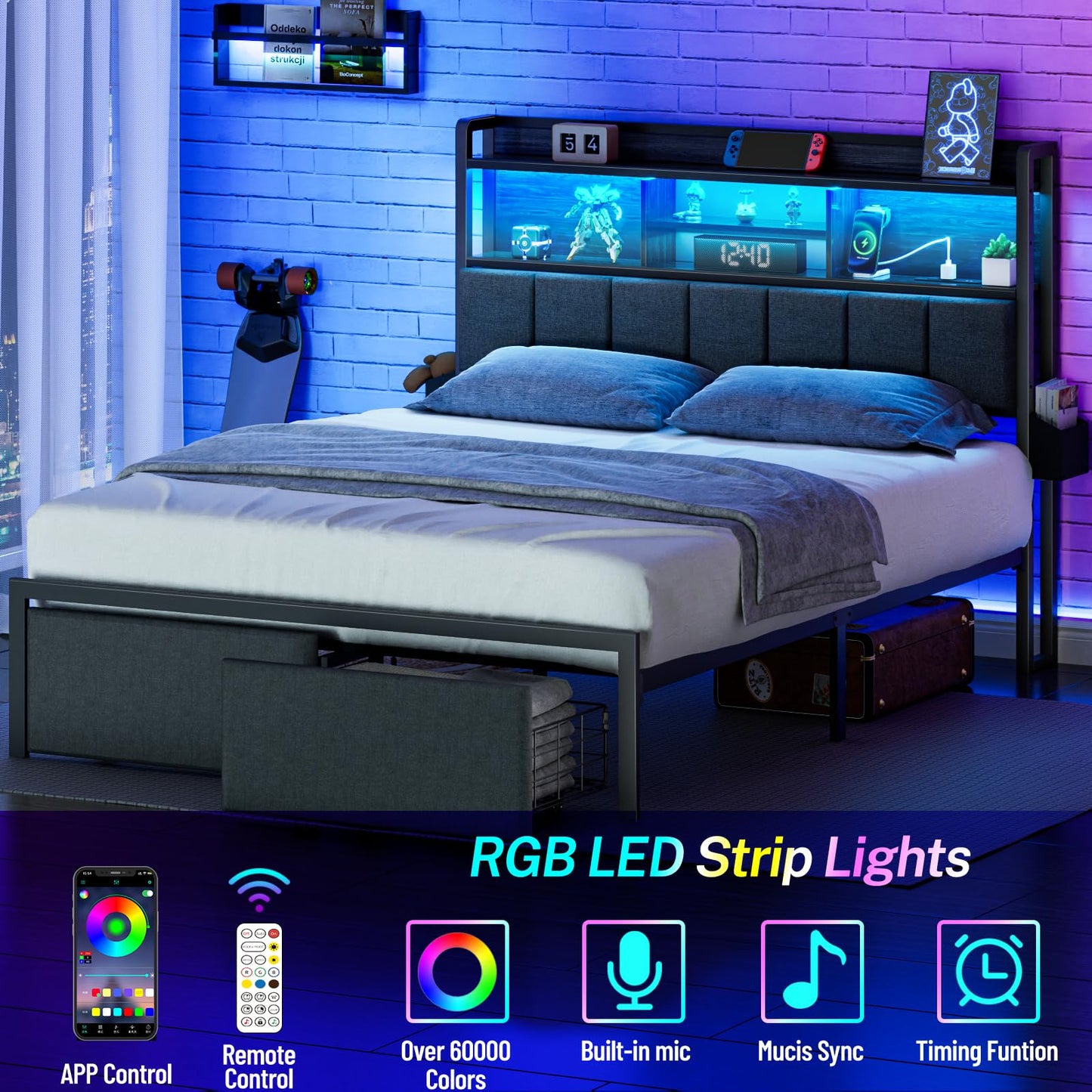Furnulem Queen Bed Frame with Storage Drawers, Upholstered Headboard with Storage Shelf, LED Lights and Charging Station, Metal Platform Bed Frame Queen Size, Noise Free, No Box Spring Needed, Black