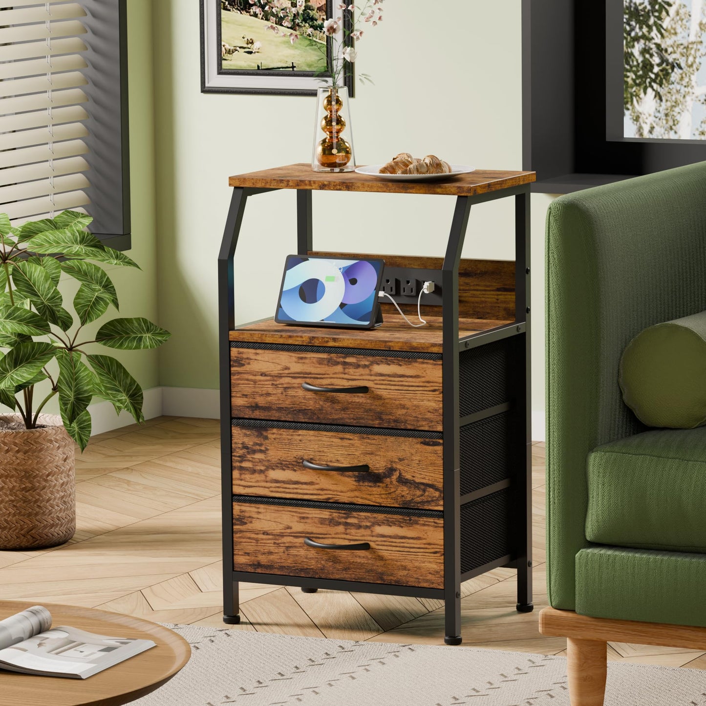 Furnulem Night Stand with Charging Station, USB Ports and Outlets, 28.3 Inch Tall Bedside Table with Wood Shelf, 3 Fabric Drawers Side Table for Bedroom, 3 Ways to Use, Rustic Brown