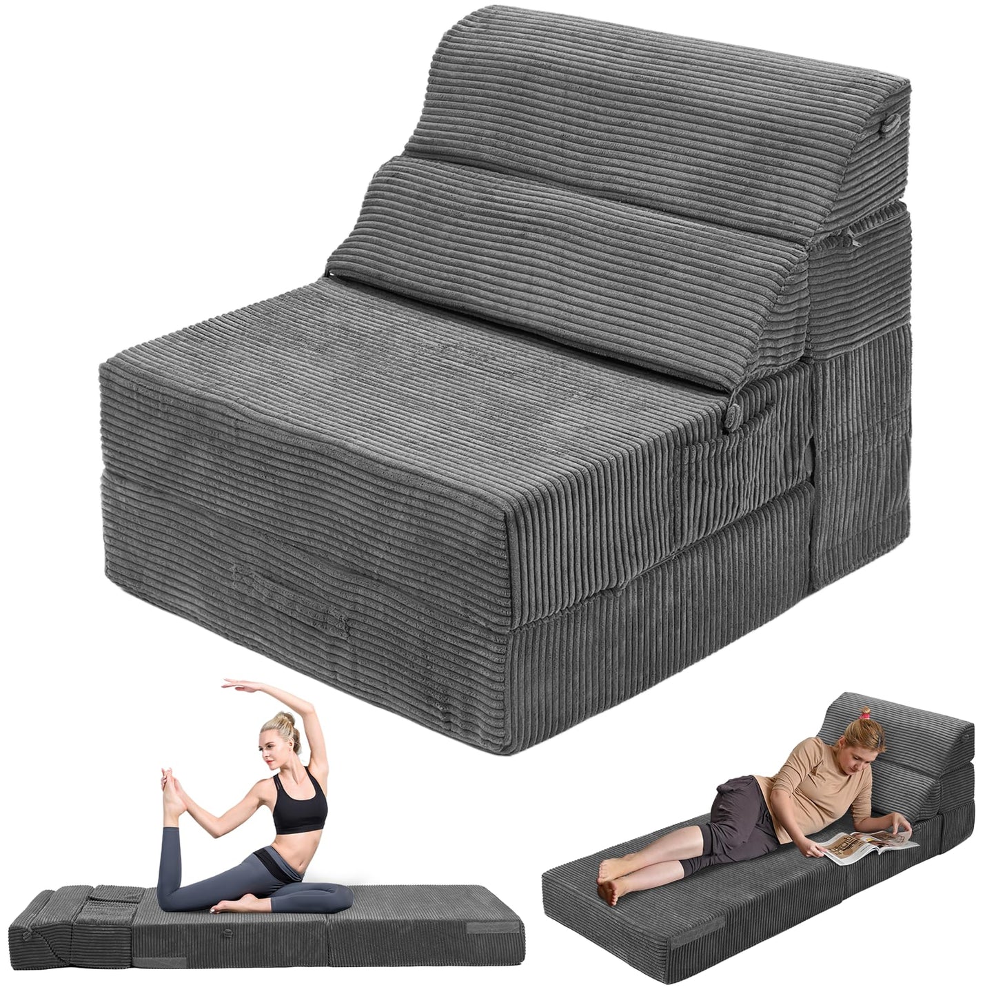 LitaiL Comfy Folding Sofa Bed - Dark Grey Convertible Sleeper Sofa Fold Out Sleeper Chair Couch for Living Room Bedroom Guest, Foldable Floor Chair Corduroy Lounger Mattress with Back Support