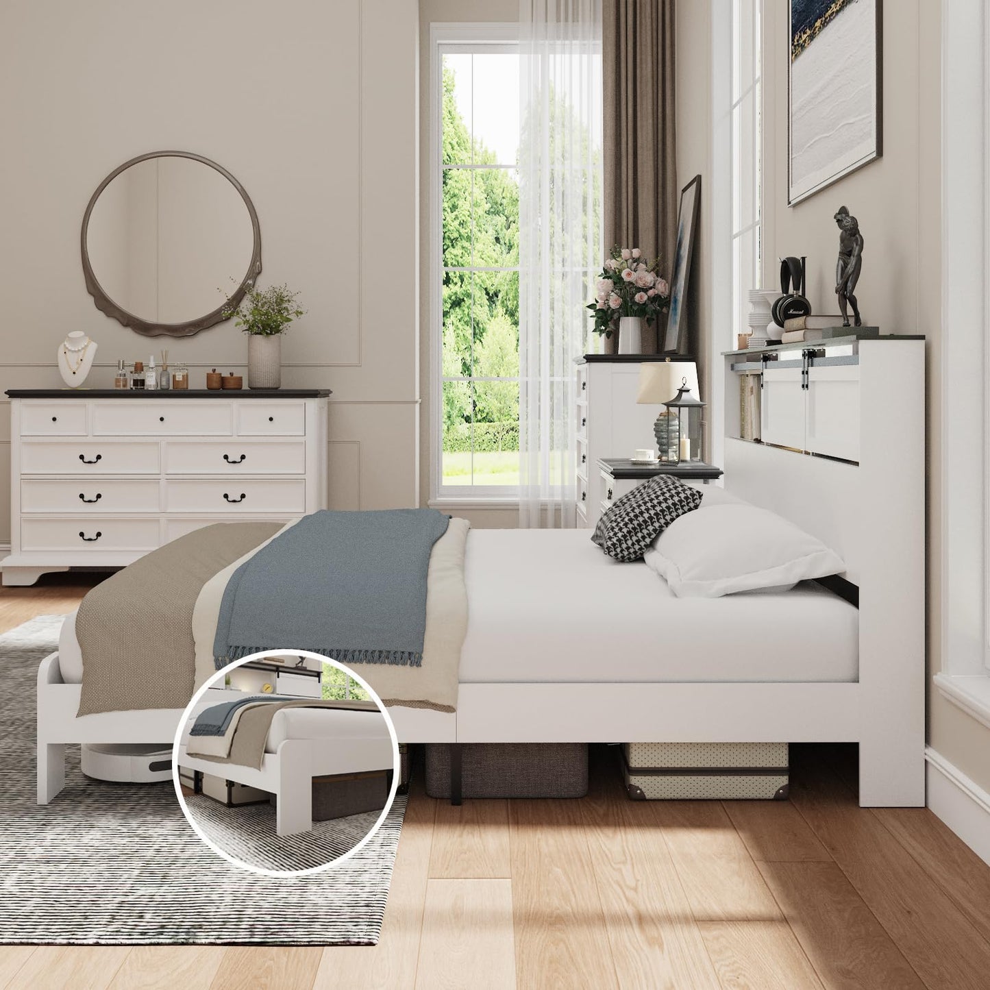 QNICE King Size Wooden Bed Frame with Storage Headboard, LED Lights & Charging Station, Sliding Barn Door, Farmhouse Wood Platform Bed with Metal Slats Support, Boho White