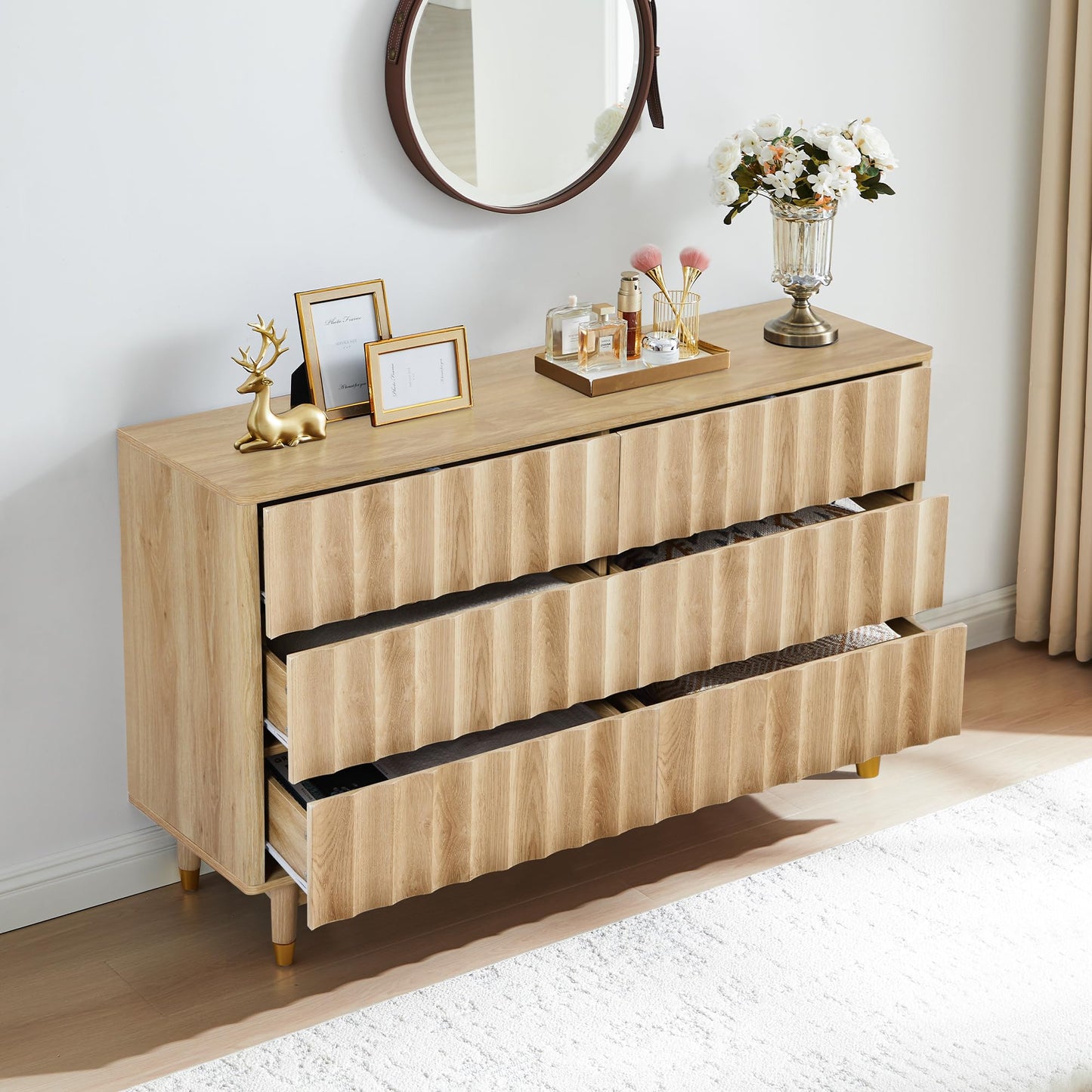 Caspellaire Fluted 6 Drawer Dresser, 53" Wide Modern Chest of Drawer, Dresser TV Stand,Wood Drawer Organizer for Bedroom, Living Room, Hallway