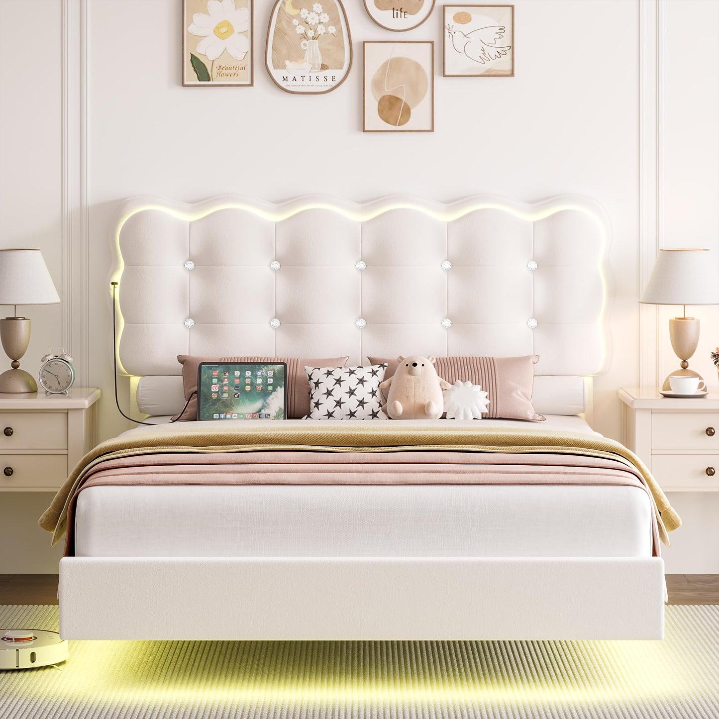 HIFIT Upholstered Full Size LED Bed Frame with Charging Station and Adjustable Crystal Button-Tufted Puffs Headboard, Velvet Princess Floating Platform Bed Frames for Girls, No Box Spring Needed,Beige