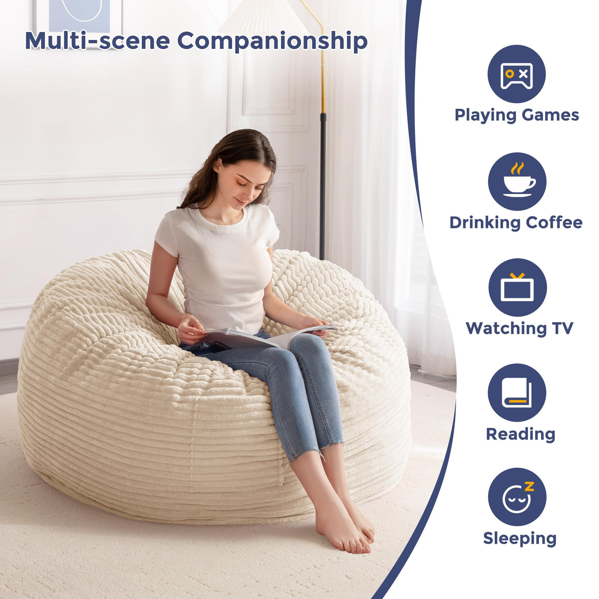 MAXYOYO Bean Bag Chair for Adults, Large 4 ft Bean Bag Chair with Foam Filling, Ultra Soft Fur Lazy Sofa for Living Room, Bedroom, Machine Washable Cover
