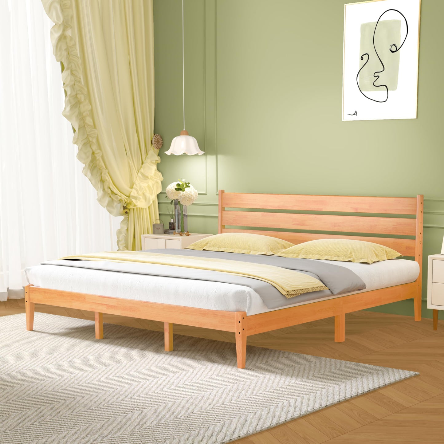 MORDEER Solid Wood King Size Bed Frame with Ladder Headboard, Malaysian Oak Platform Bed Frame, Modern Bedframe with Wooden Slats, No Box Spring Needed, Easy Assembly, King Size, Rustic Pine