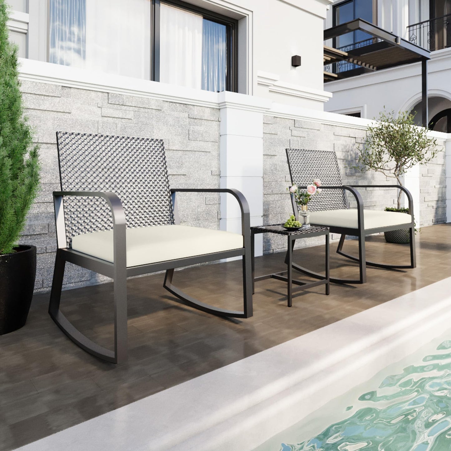 HLNPTN 3 Pieces Patio Furniture Set, Outdoor Rocking Bistro Set, Textilene Fabric Small Patio Front Porch Furniture Rocker Chairs Set of 2 with Coffee Table for Backyard, Garden, Off-White