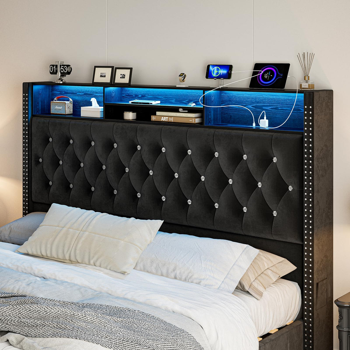 CIKUNASI Upholstered King Size Bed Frame with Headboard and Storage, 60“Tall Bed Frame with 2 Drawers, Tufted Wingback Bed Frame King Size LED Light, Charging Station, No Box Spring Needed