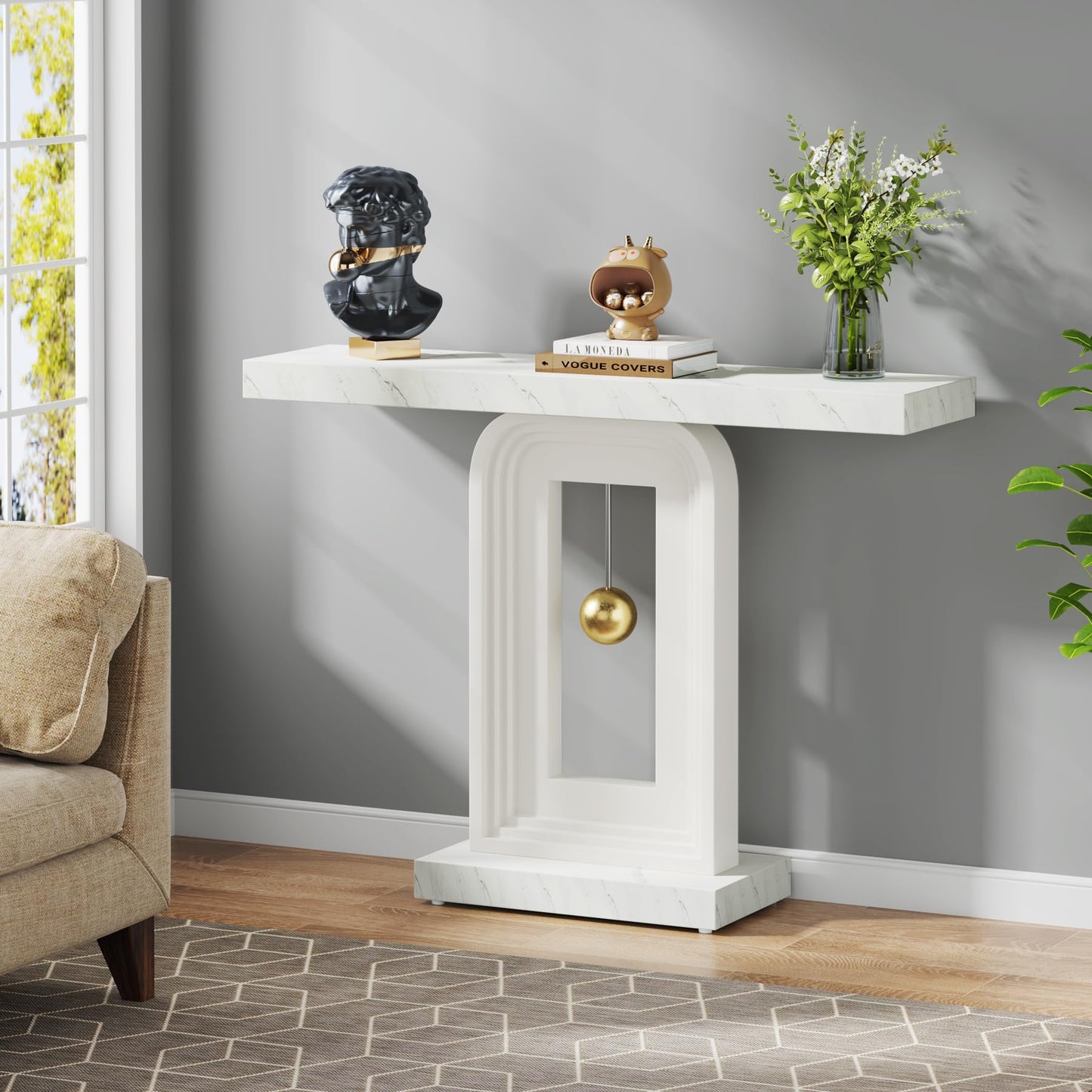 Tribesigns Modern Console Table, 40 Inches Narrow Sofa Entryway Table with Pendulum Shape Base, Contemporary Marble Accent Table for Living Room Hallway Entrance, White