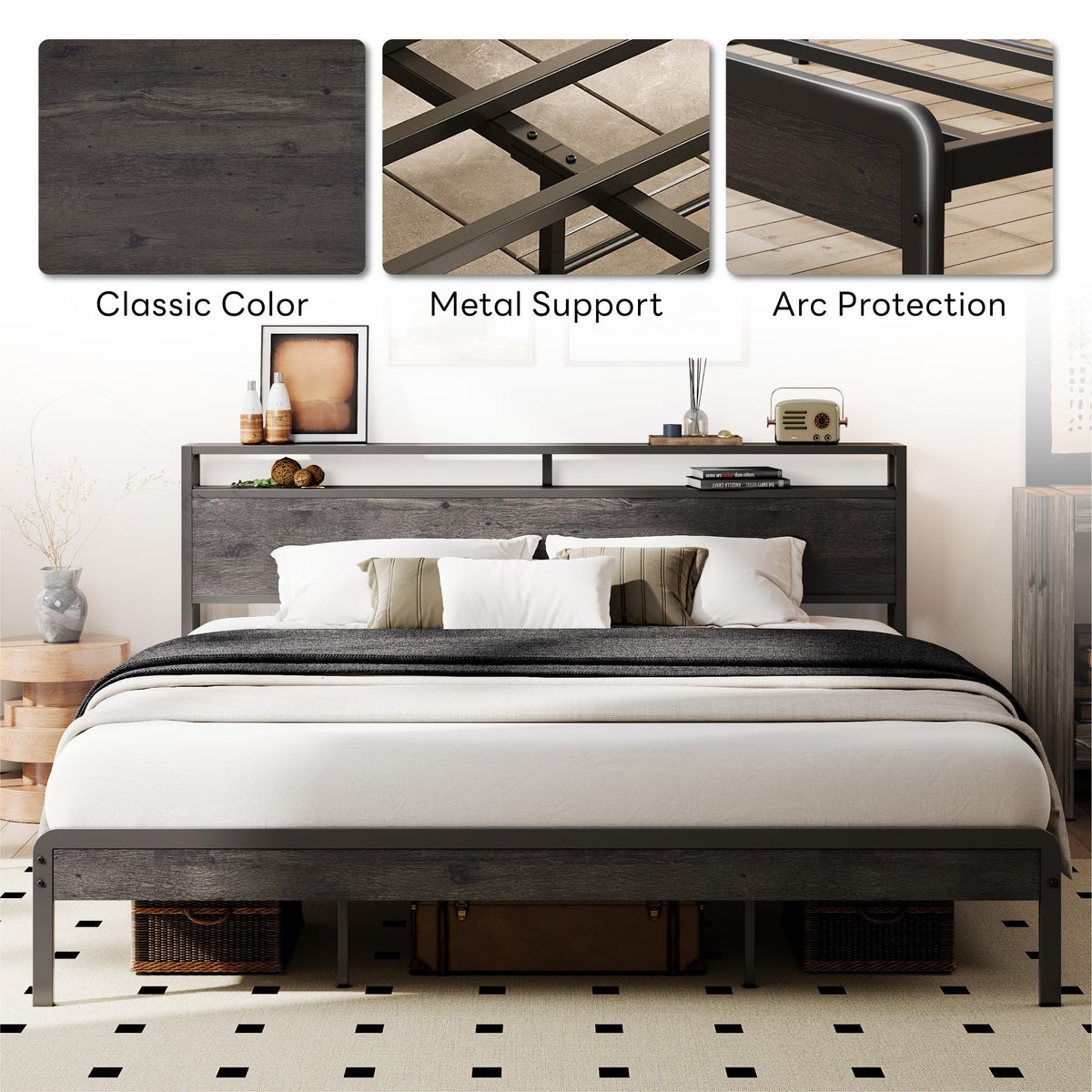 LIKIMIO California King Bed Frame with Headboard, Dark Wood Camas California King with Strong Supports, Sturdy, Noise-Free, No Box Spring Needed, Charcoal Grey