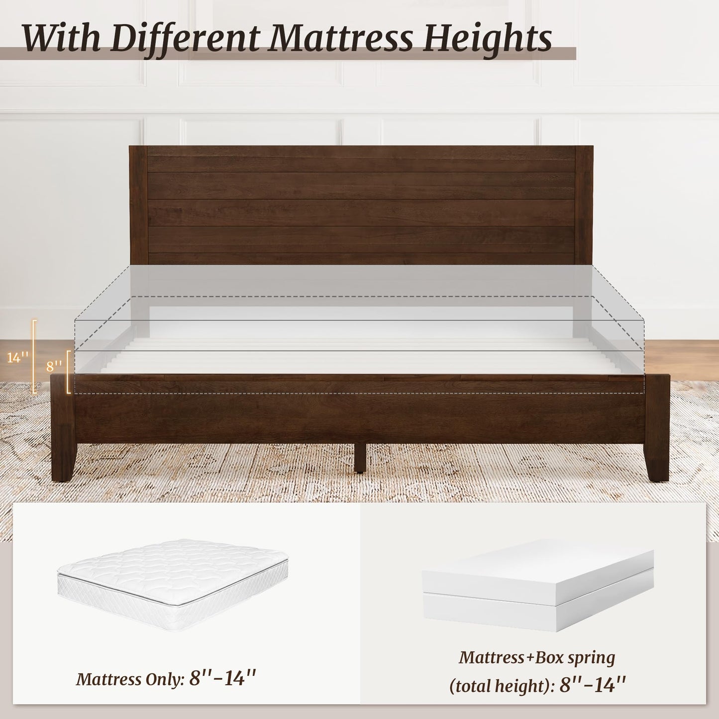 Cozyman Bed Frame King Size, Acacia Wood Platform with Headboard, No Box Spring Needed, 800lb Capacity, Non-Slip Without Noise, Easy Assembly, Walnut