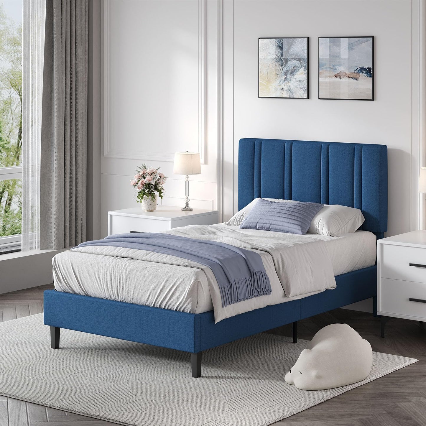 MaverickFurni Twin Bed Frame, Upholstered Platform Bed with Button Tufted Headboard, Blue Bed Frame Twin Size for Kids Girls Boys, No Box Spring Required, Easy Assembly, Blue