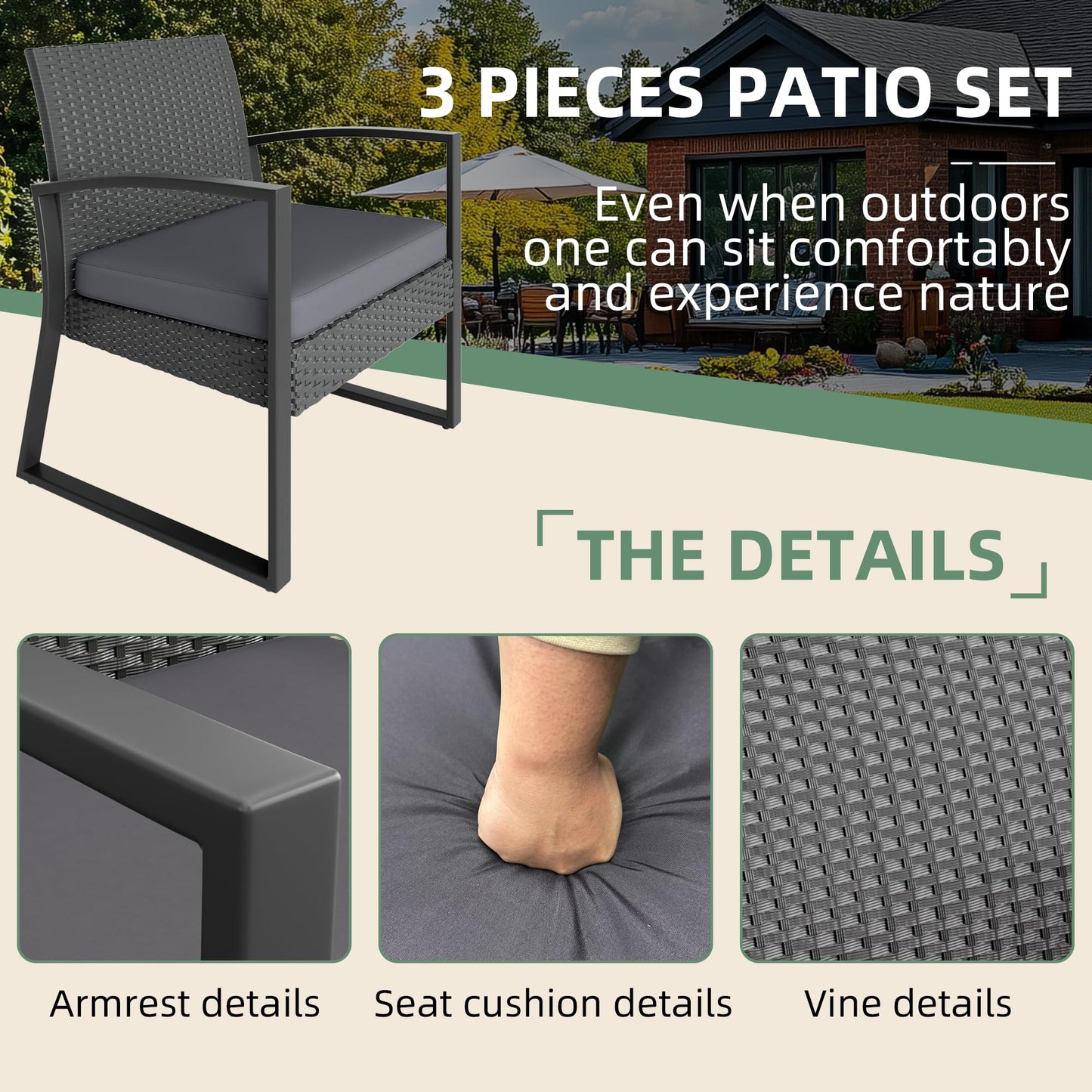 ELEGIBLISS 3-Piece Patio Furniture Set, Wicker Rattan Chairs with Coffee Table, Metal Frame, for Outdoor Balcony, Porch