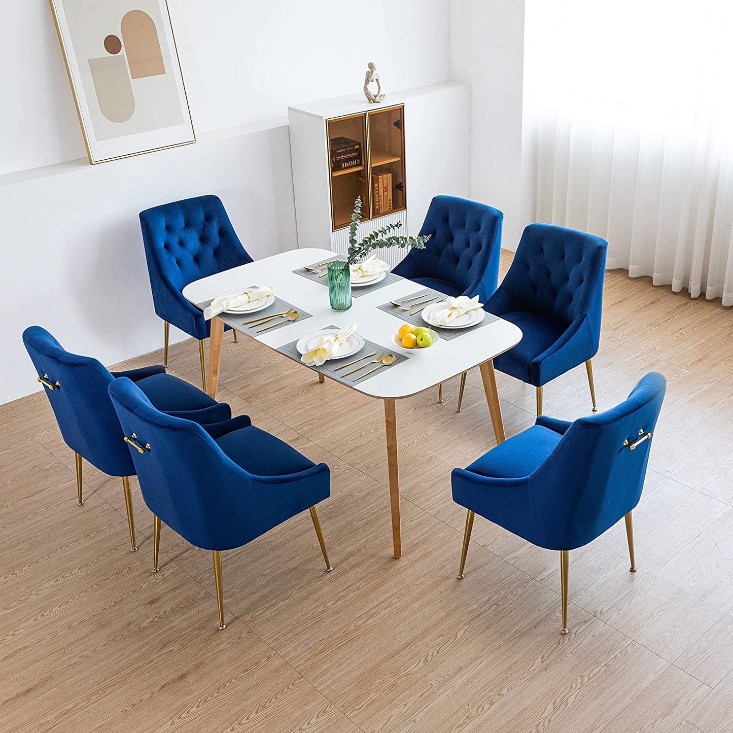 LONXIU Modern Dining Chair Set of 4, Mid-Century Room Chair, Upholstered Comfortable Velvet with Back Pull Rod and Metal Legs for Kitchen, Dining, Living (Blue) (DYXSD)