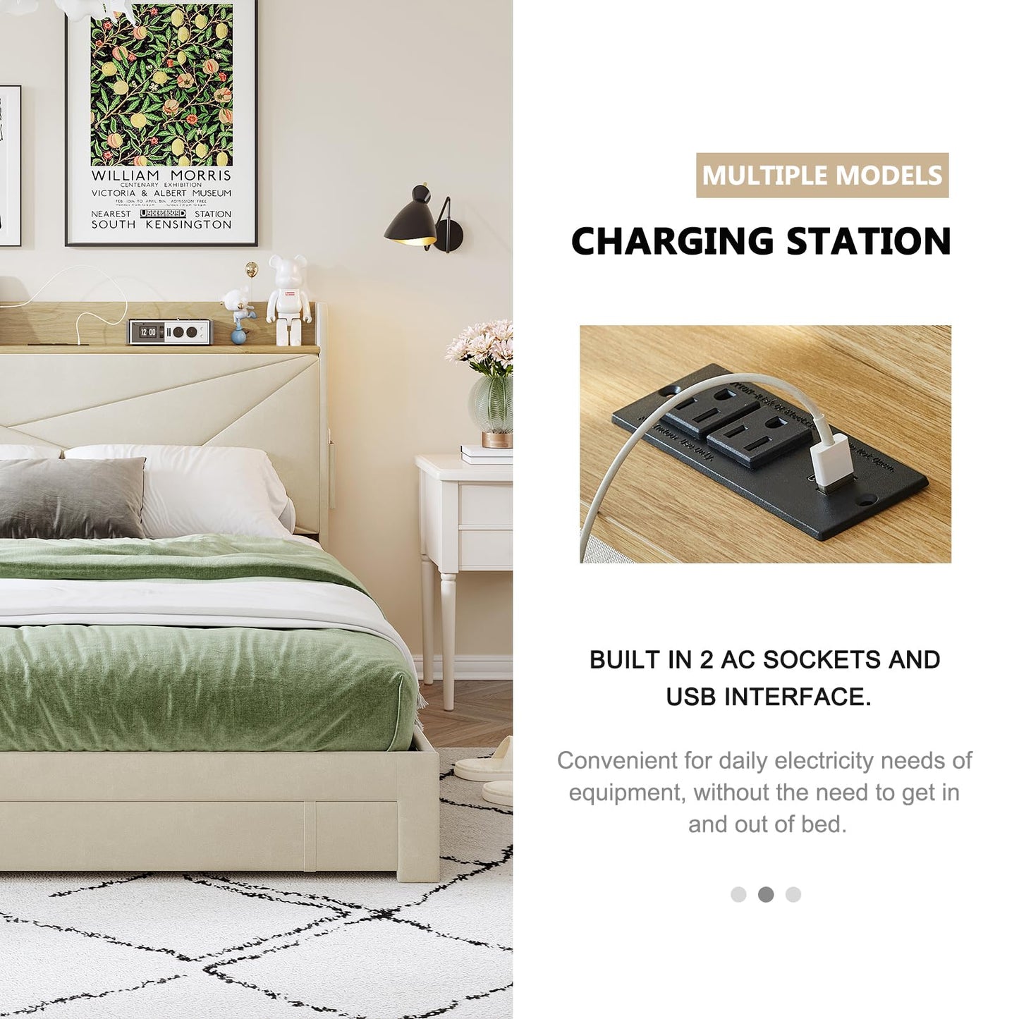 Ugijei King Size Bed Frame with Headboard & Charging Station, Upholstered Platform Bed Frame King Size with 3 Storage Drawers, No Box Spring Needed, Easy Assembly, Cream