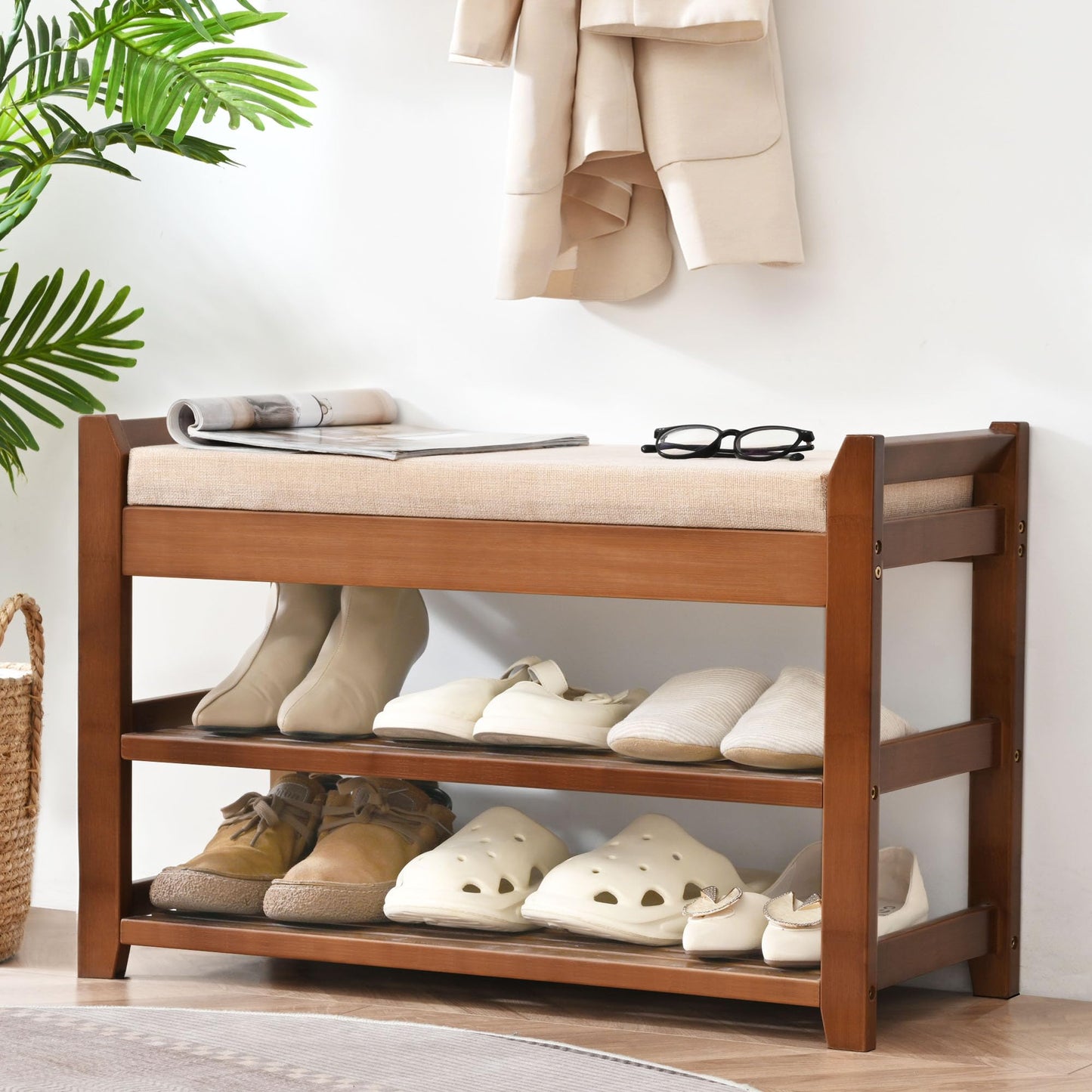 PETKABOO Shoe Rack Bench with Cushion, Shoe Rack for Front Door Entrance, Shoe Bench with Storage for Entryway Hallway Bedroom Living Room