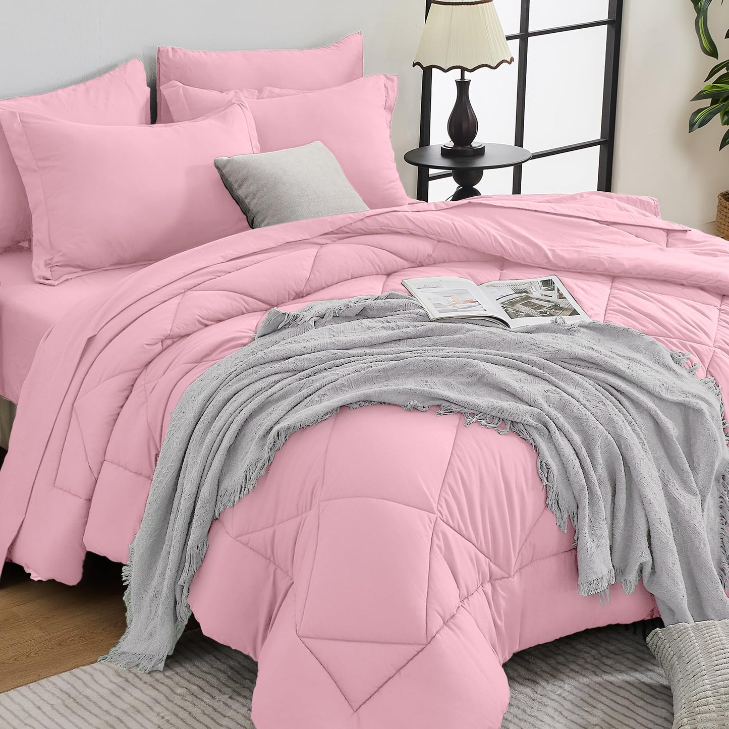 HEVUMYI Pink King Comforter Set - 7-Piece All Season Bed in a Bag King, Ultra Soft Bedding Set with Comforter, Flat Sheet, Fitted Sheet, Pillowcases, Pillow Shams, Pink