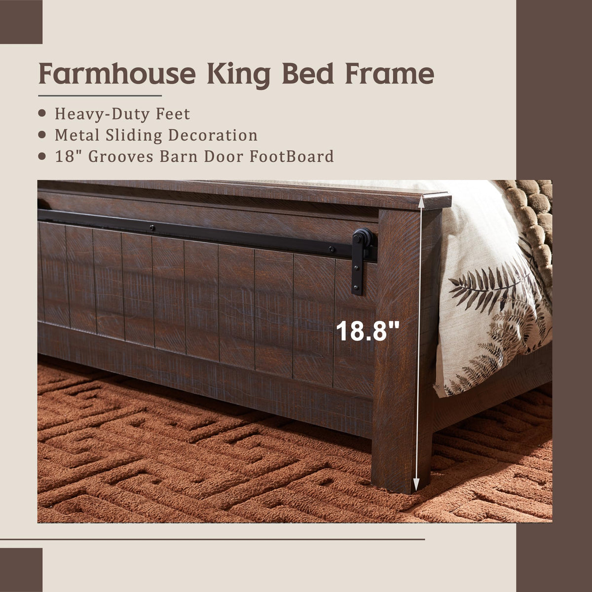 IFGET Farmhouse King Size Bed Frame with 47" Headboard, Wood Bed Frame with Groove Sliding Barn Door Footboard, Platform Bed with Wood Slats Support, No Box Spring Needed (Brown)
