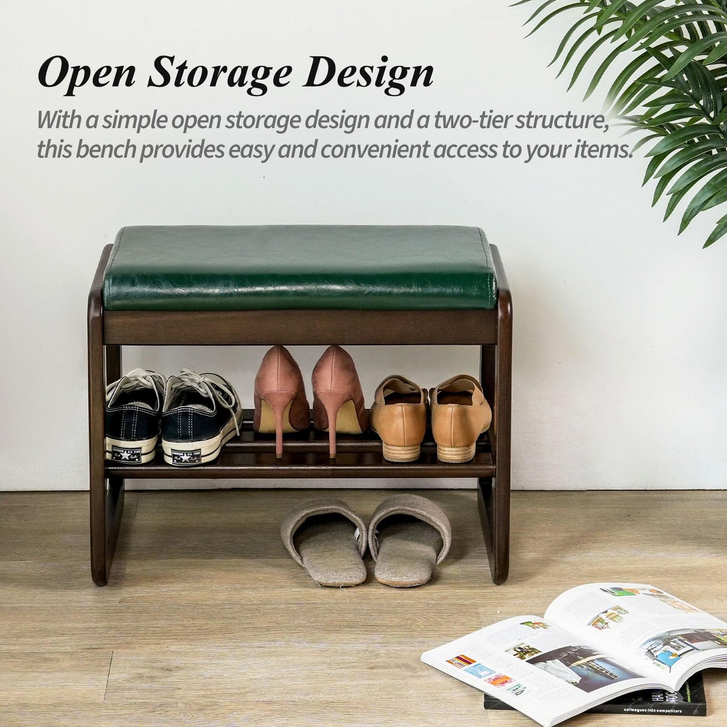 Cttasty Grey Shoe Bench, Entryway Bench with Leather Cushion, Solid Wood Shoe Rack, Mid Century Modern Bench, Shoe Storage, Shoe Organizer for Entryway, 21.7 L x 11.8 D x 16.5 H Inches
