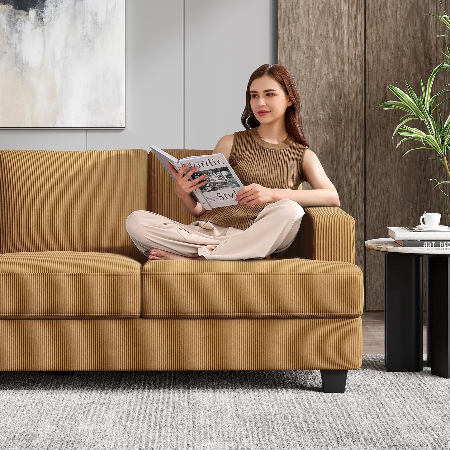 COPIAE 89 Inch Sofa with Extra Deep Seats Oversize, Corduroy Fabric 3 Seater Sofa for Living Room, Modern Couch and Sofa, Comfy Armrests and Seats and Backrests, Easy Installation, Ginger Yellow