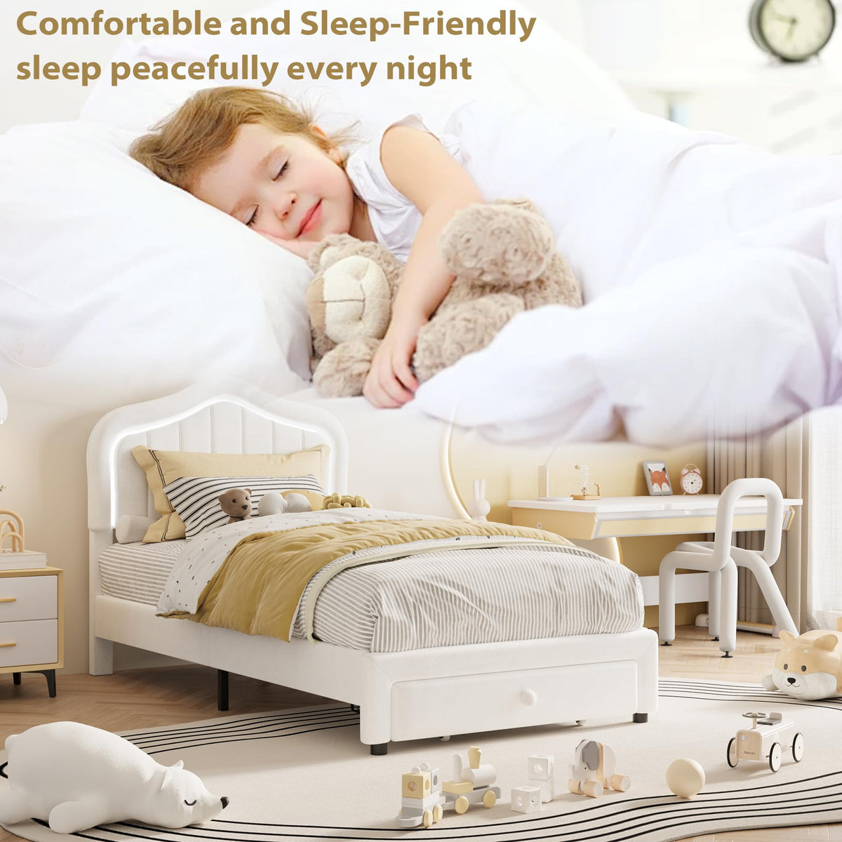 GarveeHome Twin Upholstered Bed Frame with Storage Drawer and Smart Led Headboard, Twin Size Platform Bed Frames for Kids, Wooden Slats Support, No Box Spring Needed, Easy Assembly, White