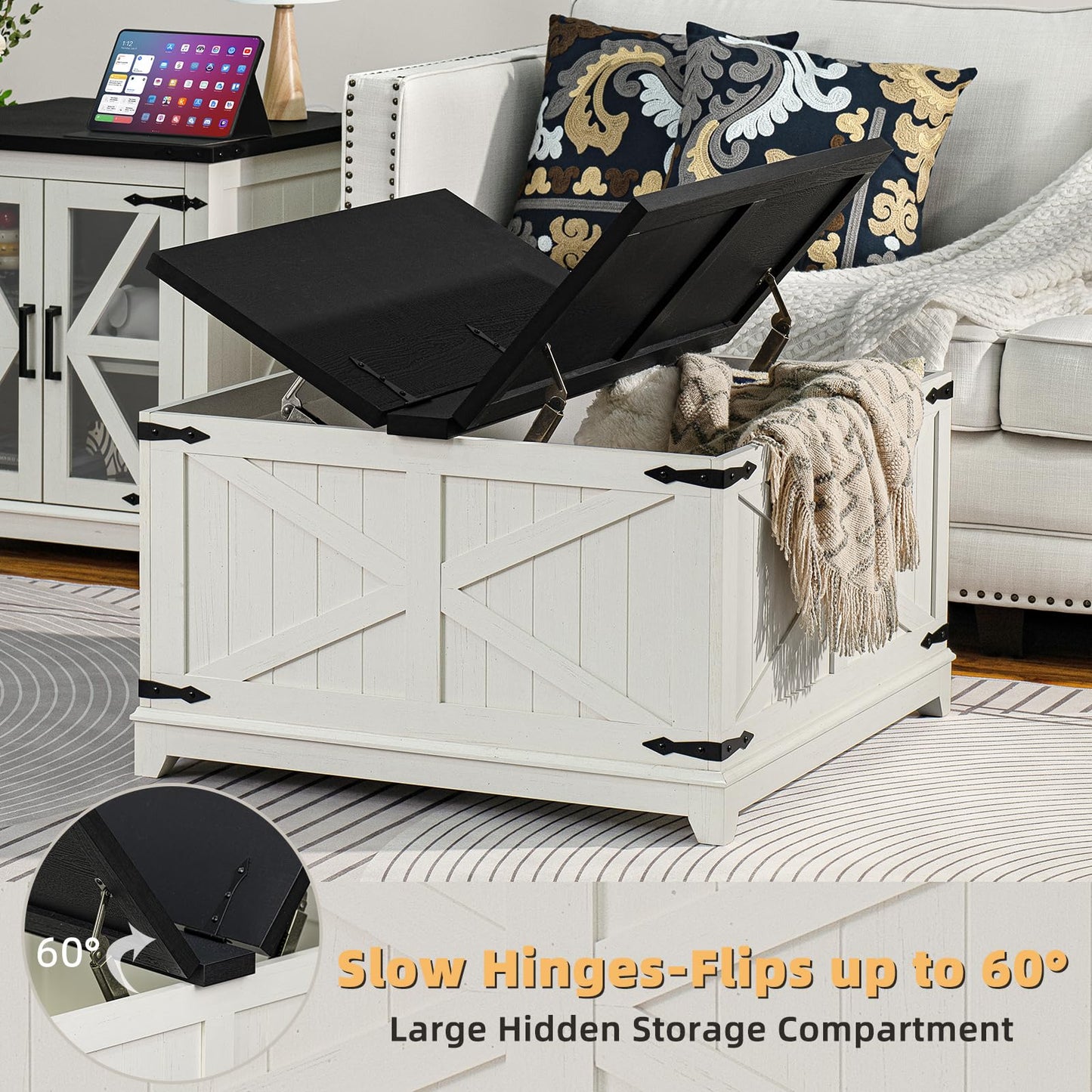 Farmhouse Coffee Table Sets 3 Pieces, Large End Side Tables with Charging Station and Coffee Table with Hidden Storage Compartment, White Living Room Table Set, Wood Furniture Sets for Home Office