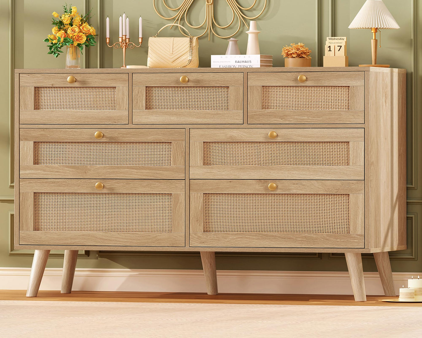 TEENFON 47.2''Wide 7 Drawer Rattan Dresser, Boho Dresser for Bedroom, Chest of Drawers, Closet Organizer, Natural Wood Dressers Chest for Bedroom, Living Room, Entryway, Natural