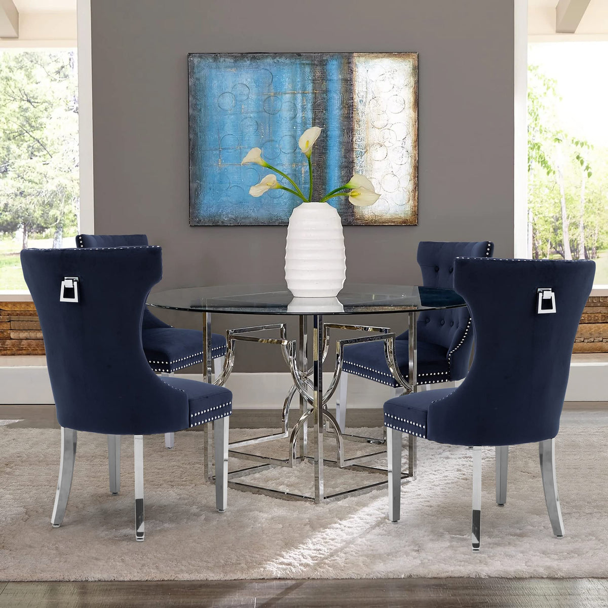 Creek Vista Velvet Dining Chairs Set of 2, Upholstered Dining Room Chair with Stainless Legs, Tufted Kitchen Chair with Button Back and Pull Ring, Dark Blue