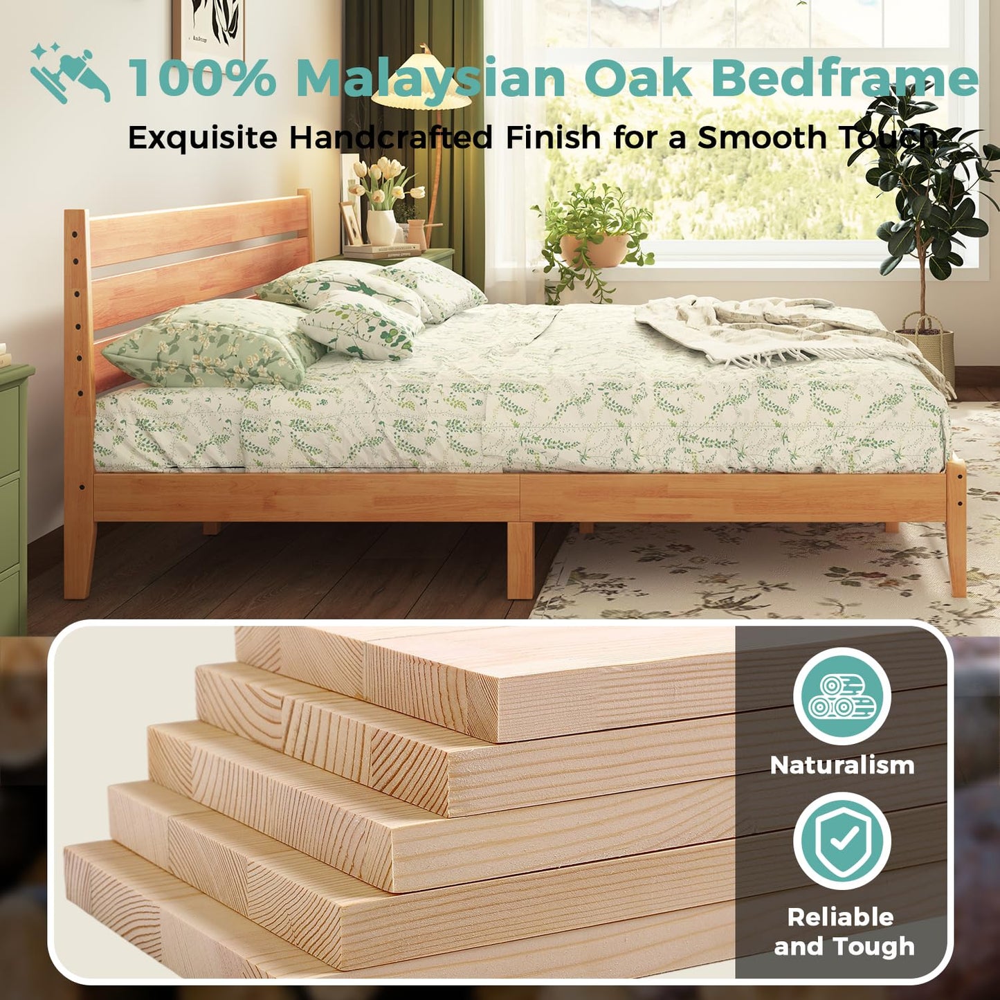 MORDEER Solid Wood King Size Bed Frame with Ladder Headboard, Malaysian Oak Platform Bed Frame, Modern Bedframe with Wooden Slats, No Box Spring Needed, Easy Assembly, King Size, Rustic Pine