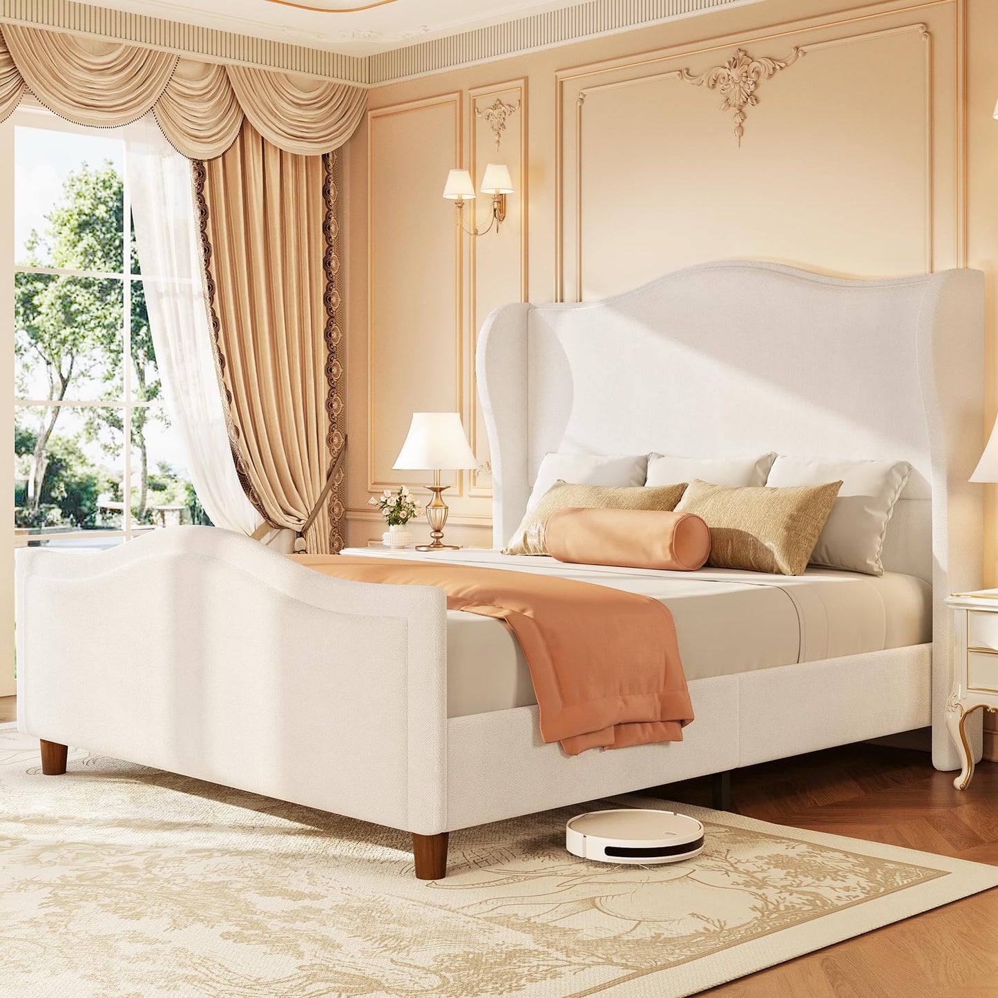 Koorlian King Size Bed Frame Chenille Upholstered Platform Bed with Headboard and Footboard, 51" High Deep Curved Tufted Wingback Upholstered Sleigh Bed Frame No Box Spring Needed/Easy Assembly, Cream