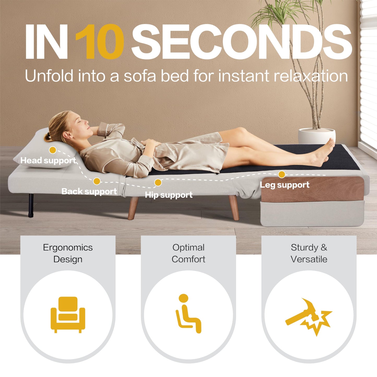 CITTANEO Convertible Sleeper Chair, 3-in-1 Chair Bed Sleeper for Adults with 3-Position Adjustable Backrest, Pillow and Wooden Arms, Folding Sofa Bed for Apartment, Dorm, Office, Beige